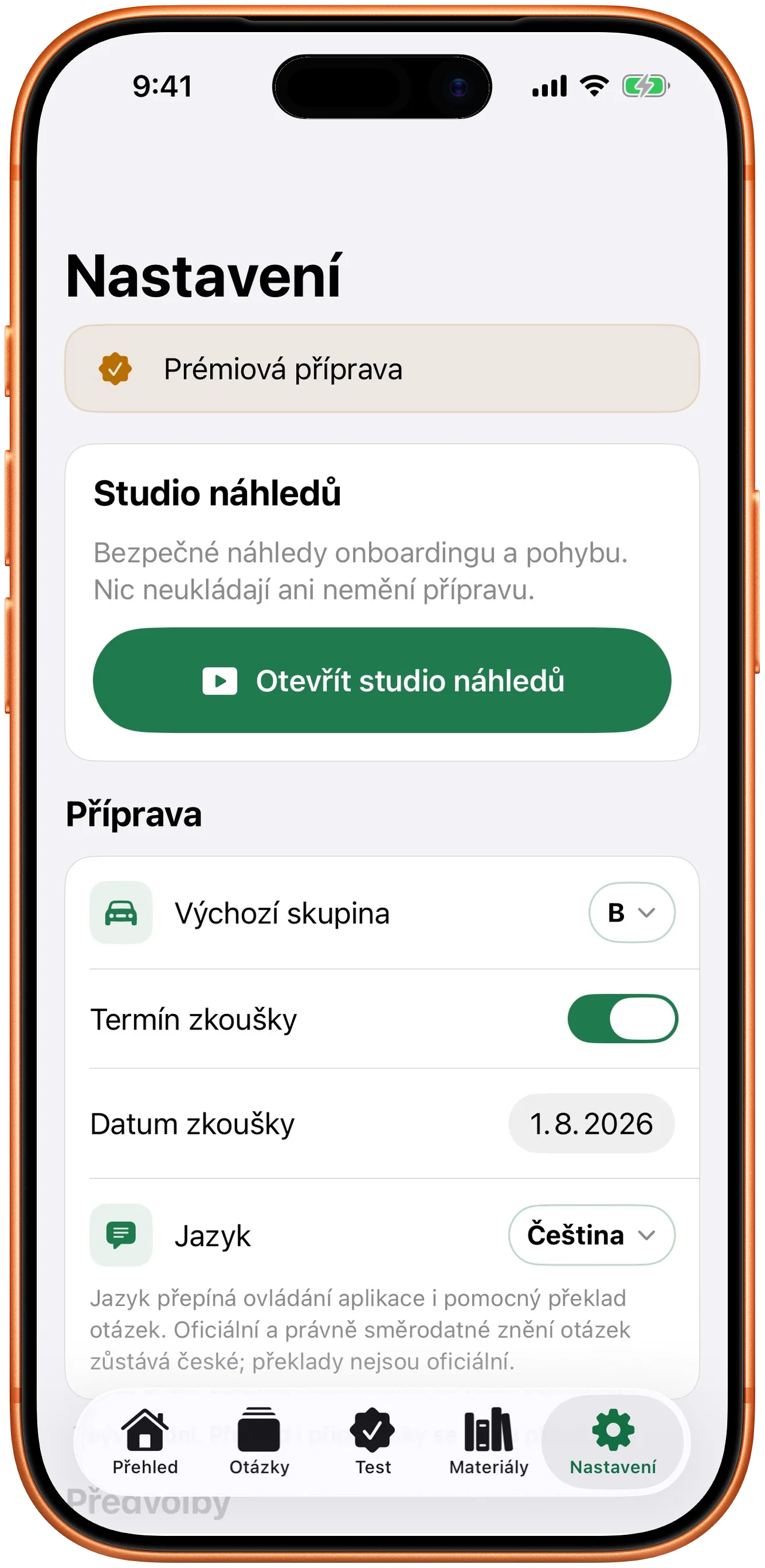 Nastavení s termínem zkoušky a výchozí skupinou