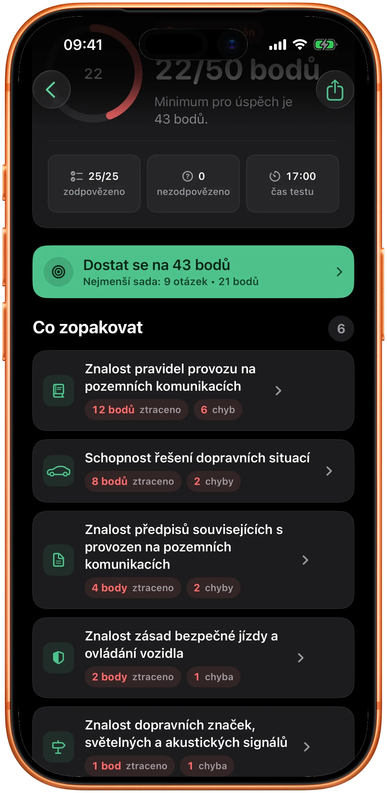 Výsledek testu s počtem bodů a okruhy k zopakování