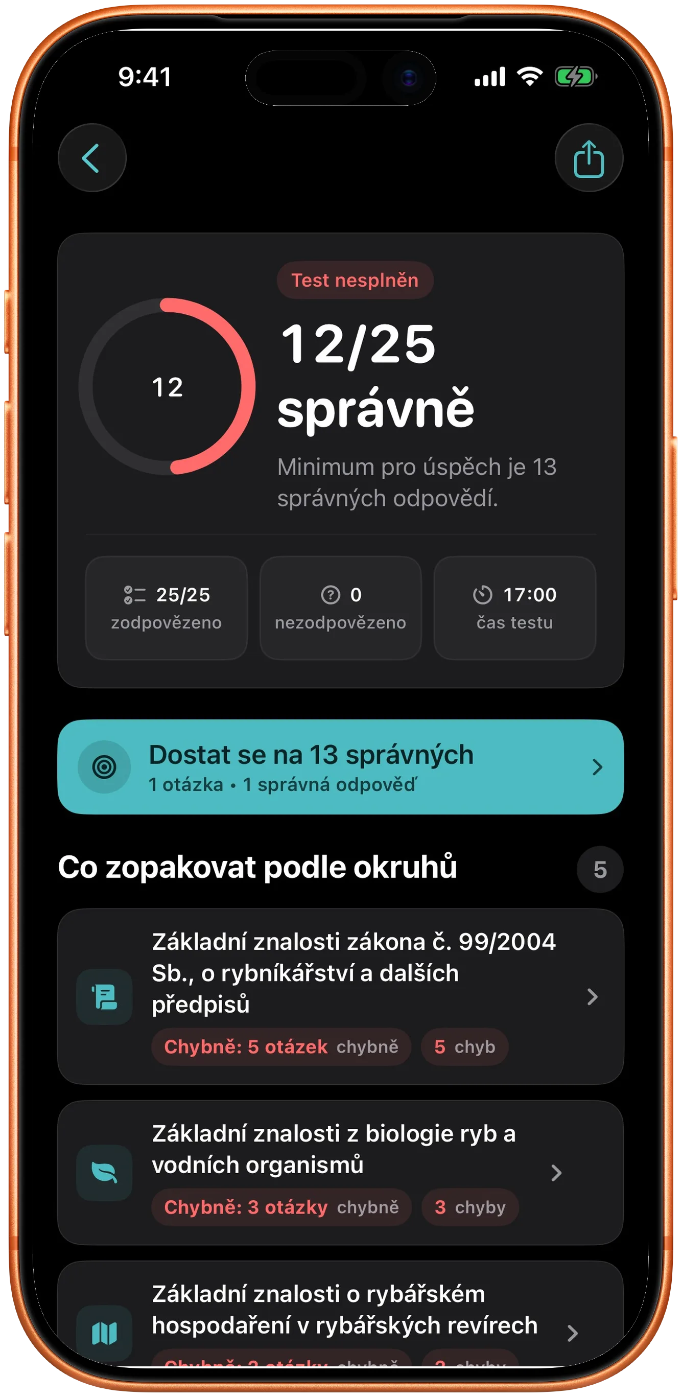 Výsledek testu s počtem bodů a okruhy k zopakování