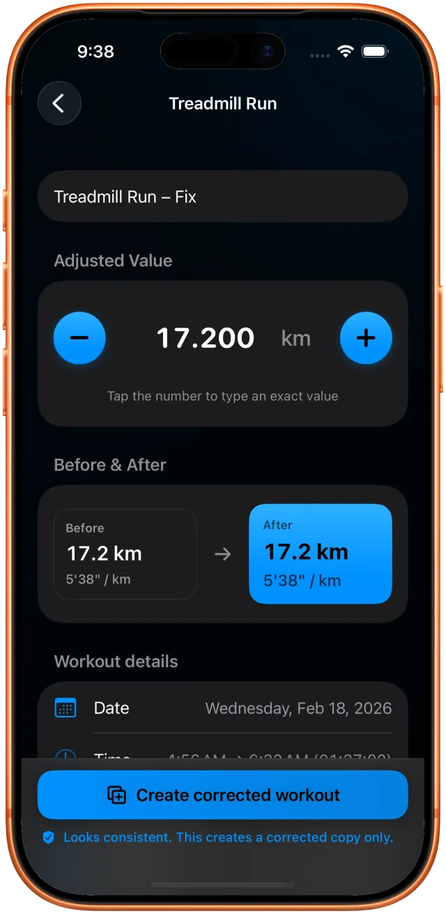 Trénink na běžeckém pásu z Apple Watch, jehož vzdálenost je třeba opravit