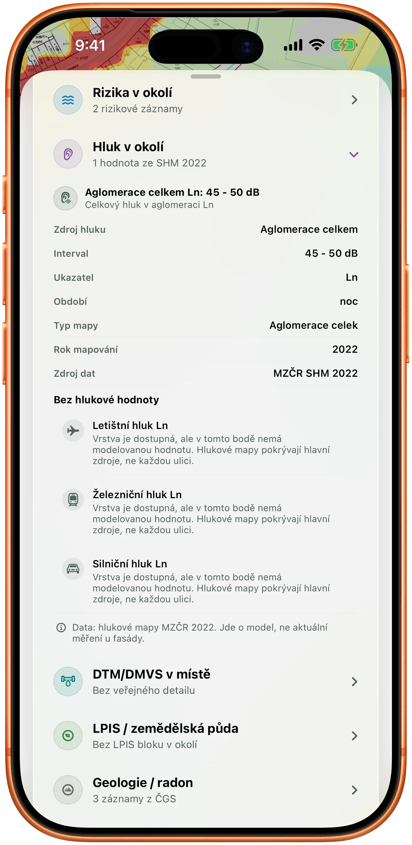 Souhrn kontextu parcely: hluk, radon a půdní údaje