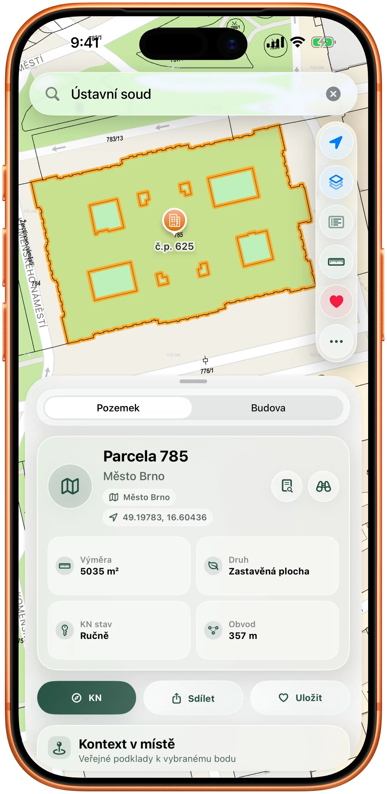 Detail parcely s výměrou, katastrálním územím a mapou v pozadí