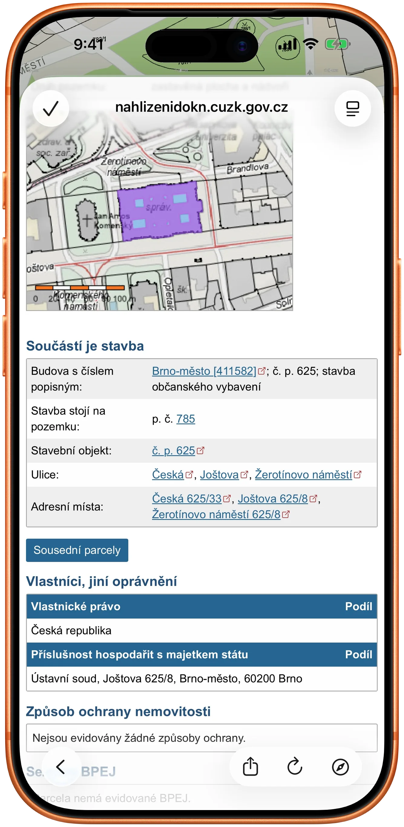 Oficiální detail katastru nemovitostí otevřený v aplikaci