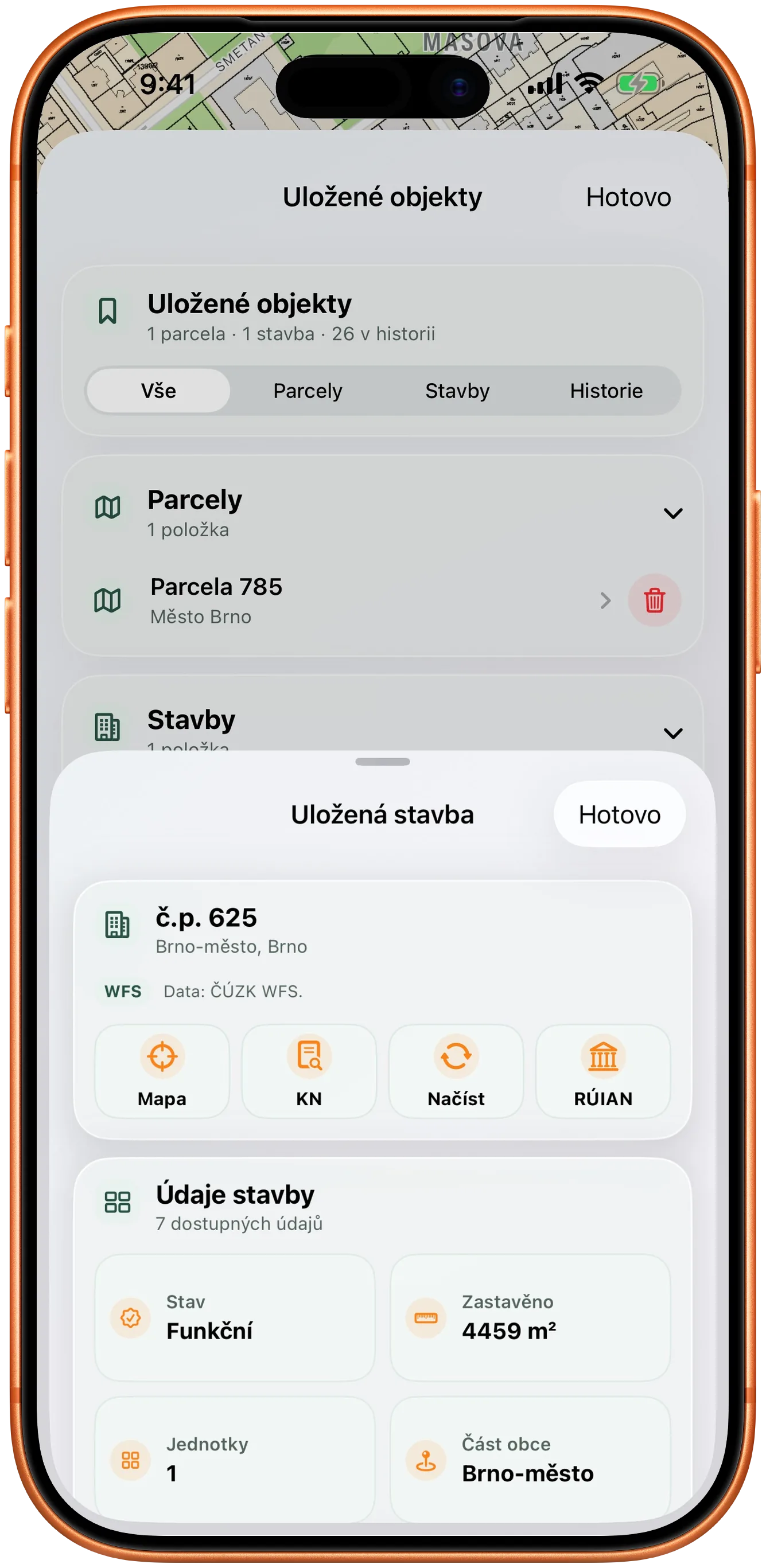 Seznam uložených parcel a staveb