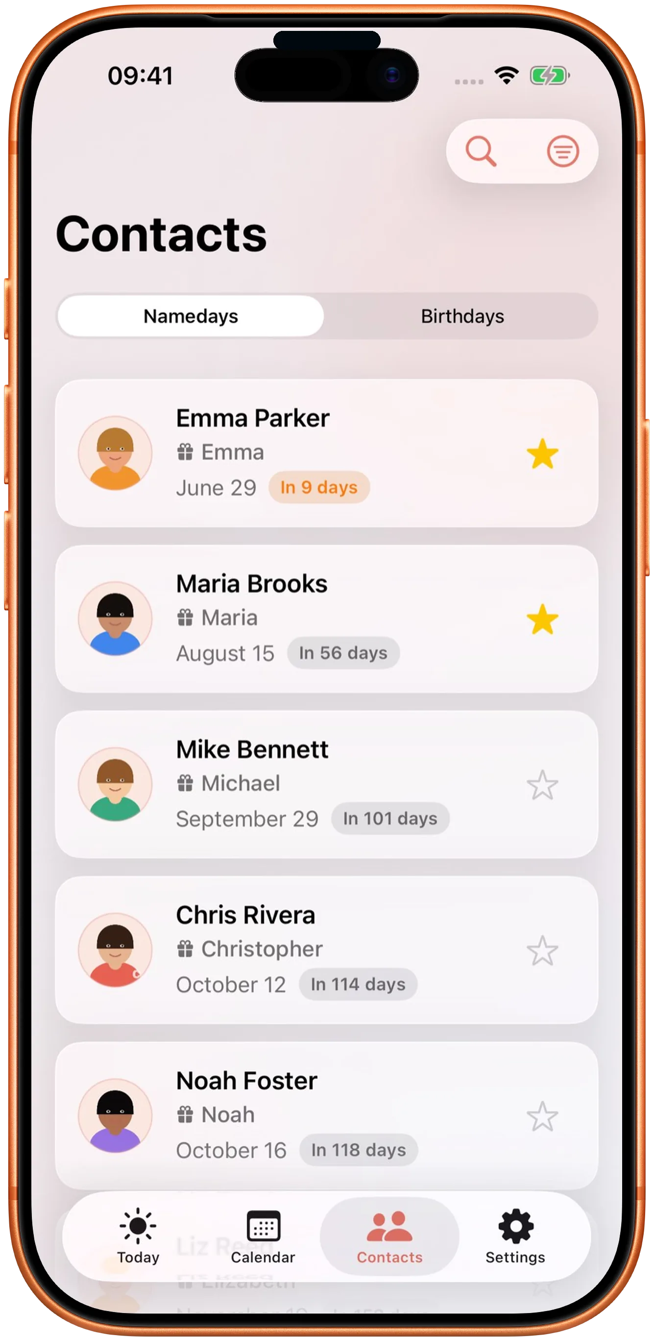 Your contacts matched to the days they celebrate.