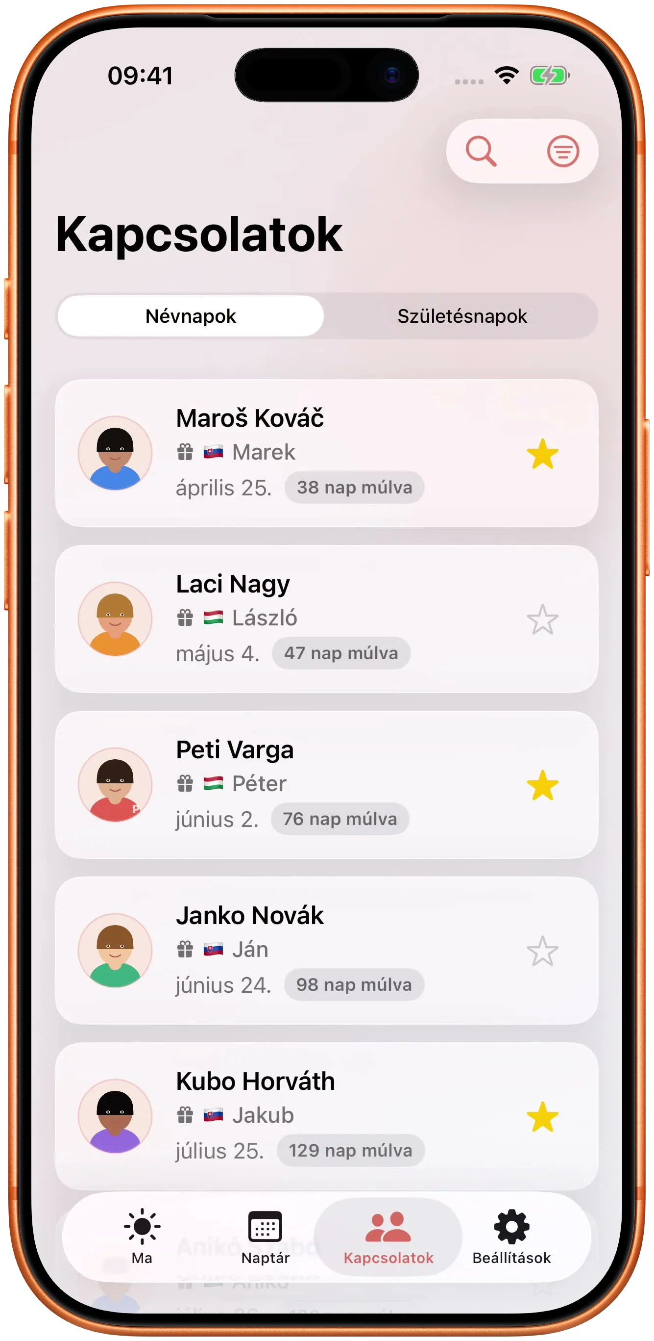A névjegyei a napokhoz rendelve, amikor ünnepelnek.