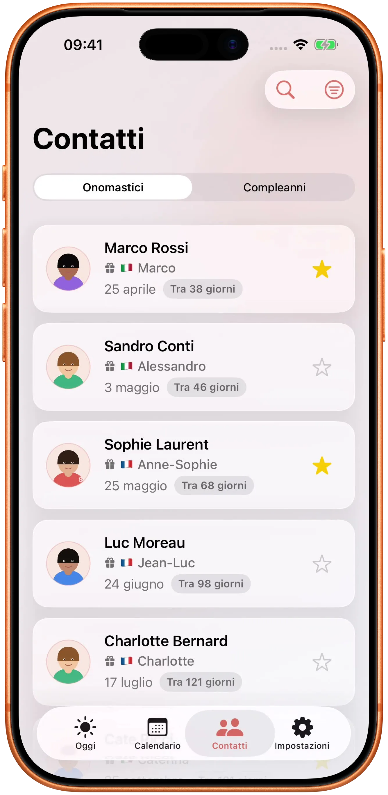 I suoi contatti abbinati ai giorni in cui festeggiano.