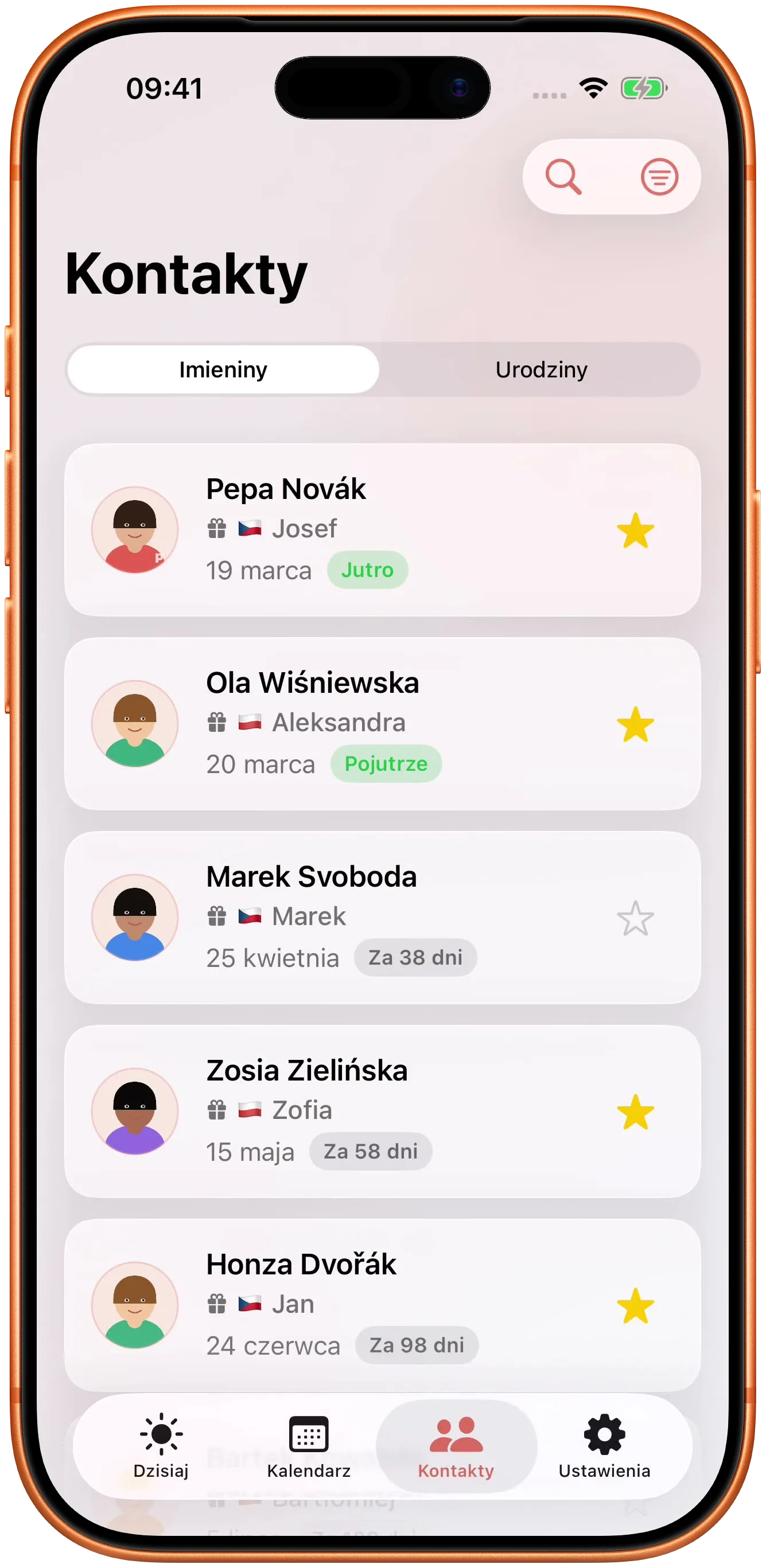 Twoje kontakty przypisane do dni, w które obchodzą imieniny.