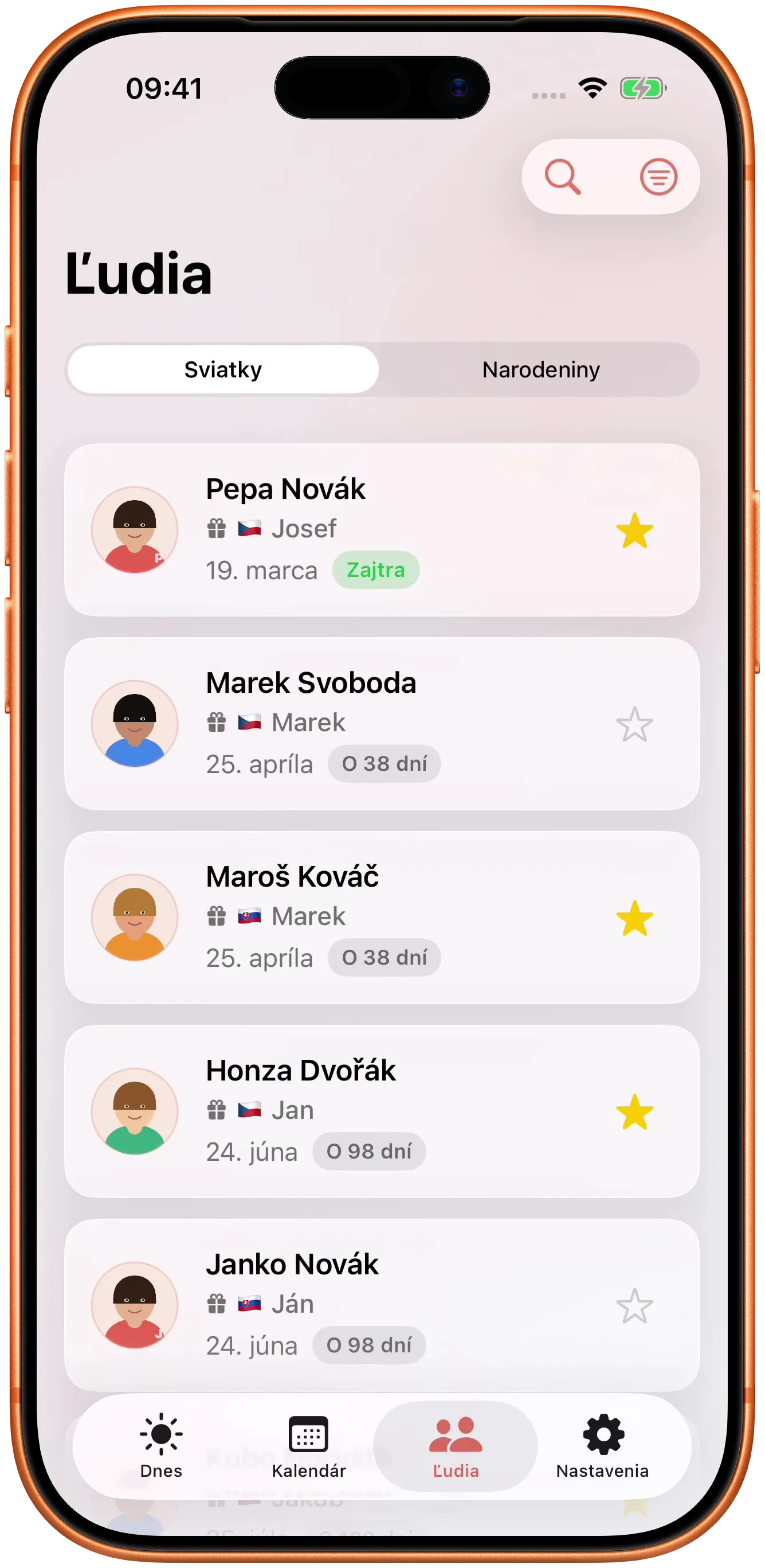 Vaše kontakty priradené k dňom, kedy slávia.