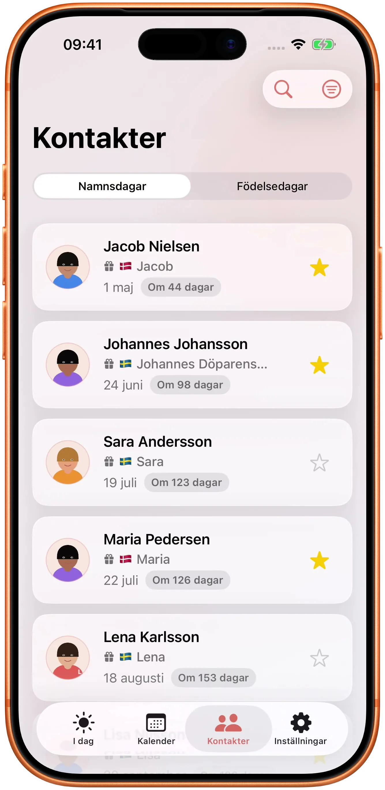 Dina kontakter kopplade till dagarna de har namnsdag.