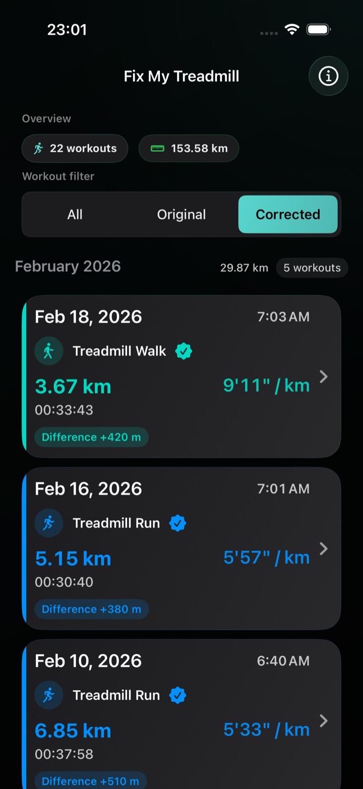 Fix My Treadmill showing a corrected Apple Health workout