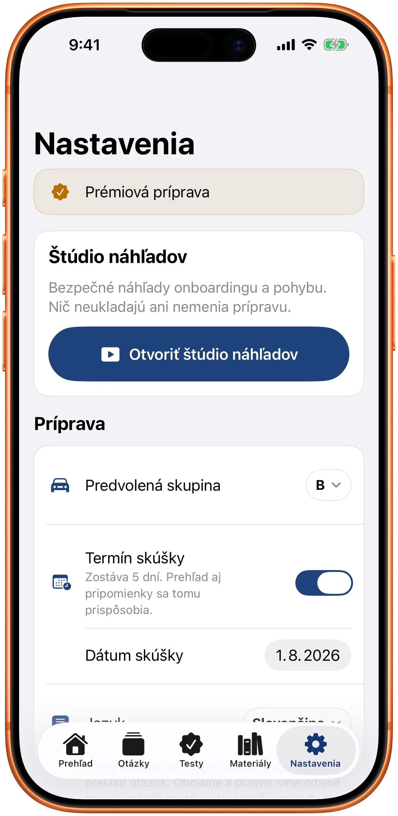Nastavenia s termínom skúšky a východiskovou skupinou