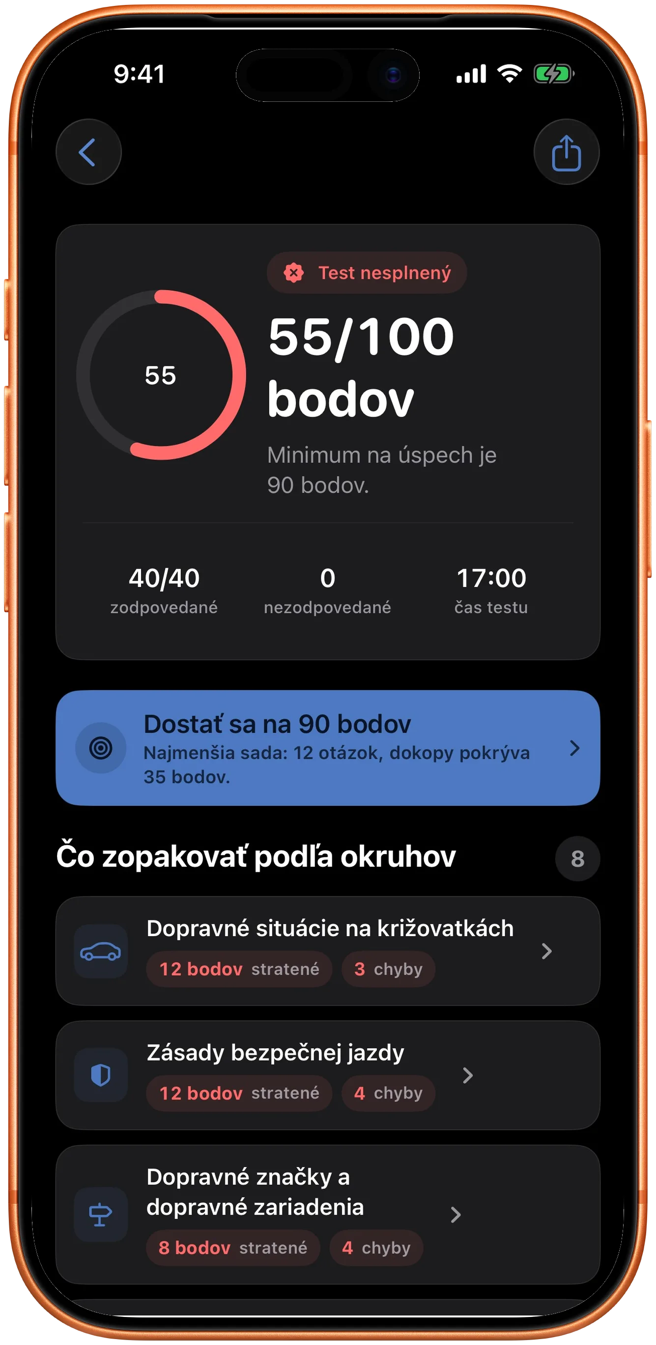 Výsledok testu s počtom bodov a okruhmi na zopakovanie