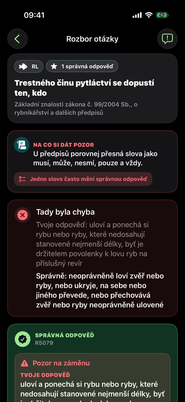 Vysvětlení chybné odpovědi v aplikaci Rybářský lístek