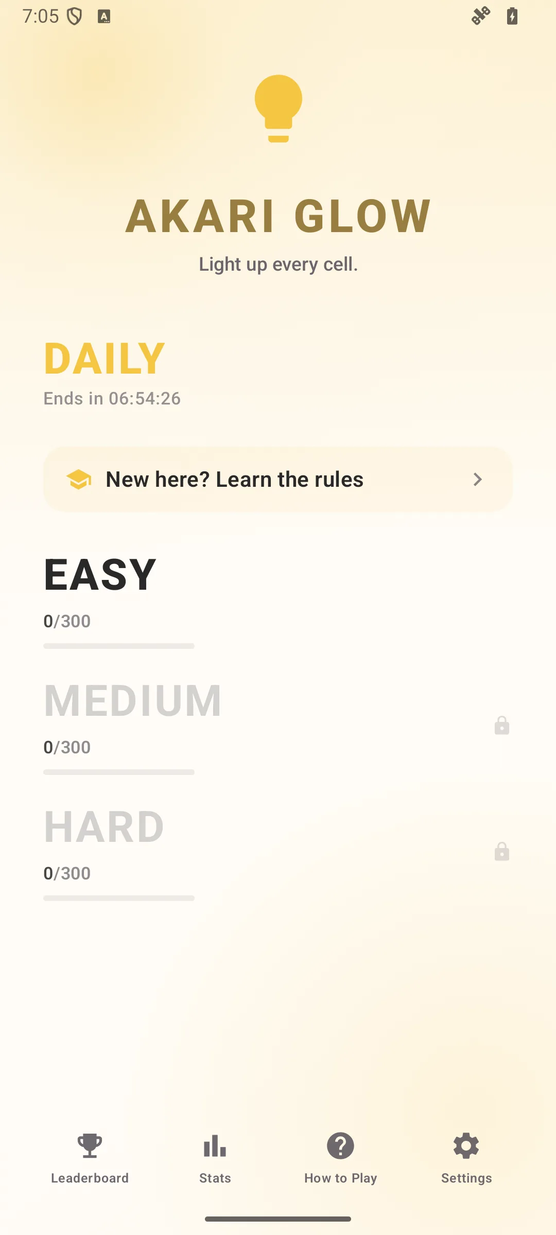 Akari Glow home screen on Android, showing the difficulty lanes and the daily challenge