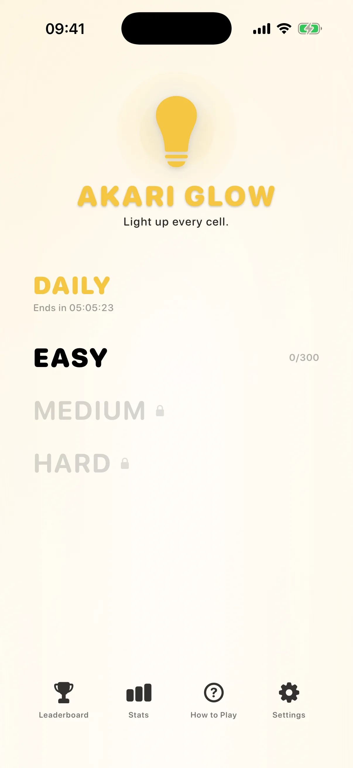 Akari Glow home screen on iPhone, showing the difficulty lanes and the daily challenge