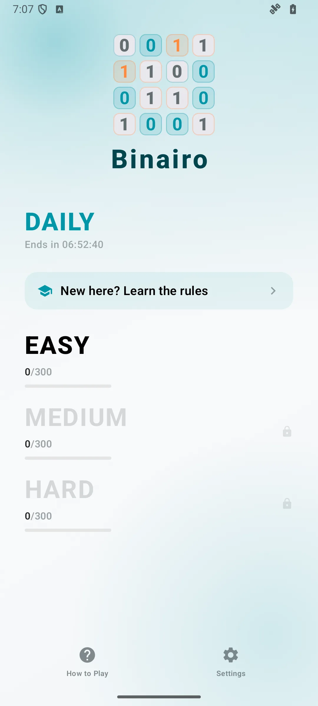Binairo home screen on Android, showing the difficulty lanes and the daily challenge