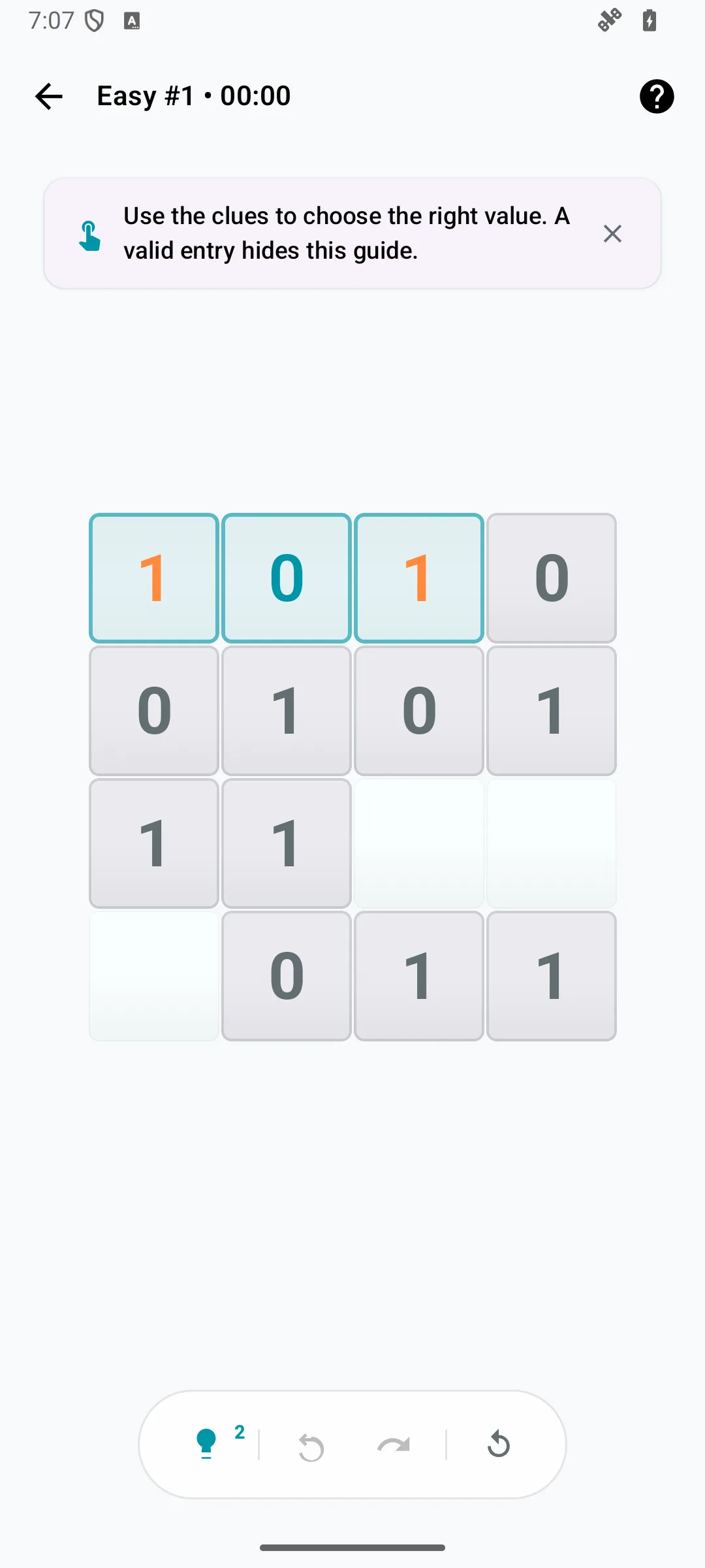 Binairo on Android with a partly solved board