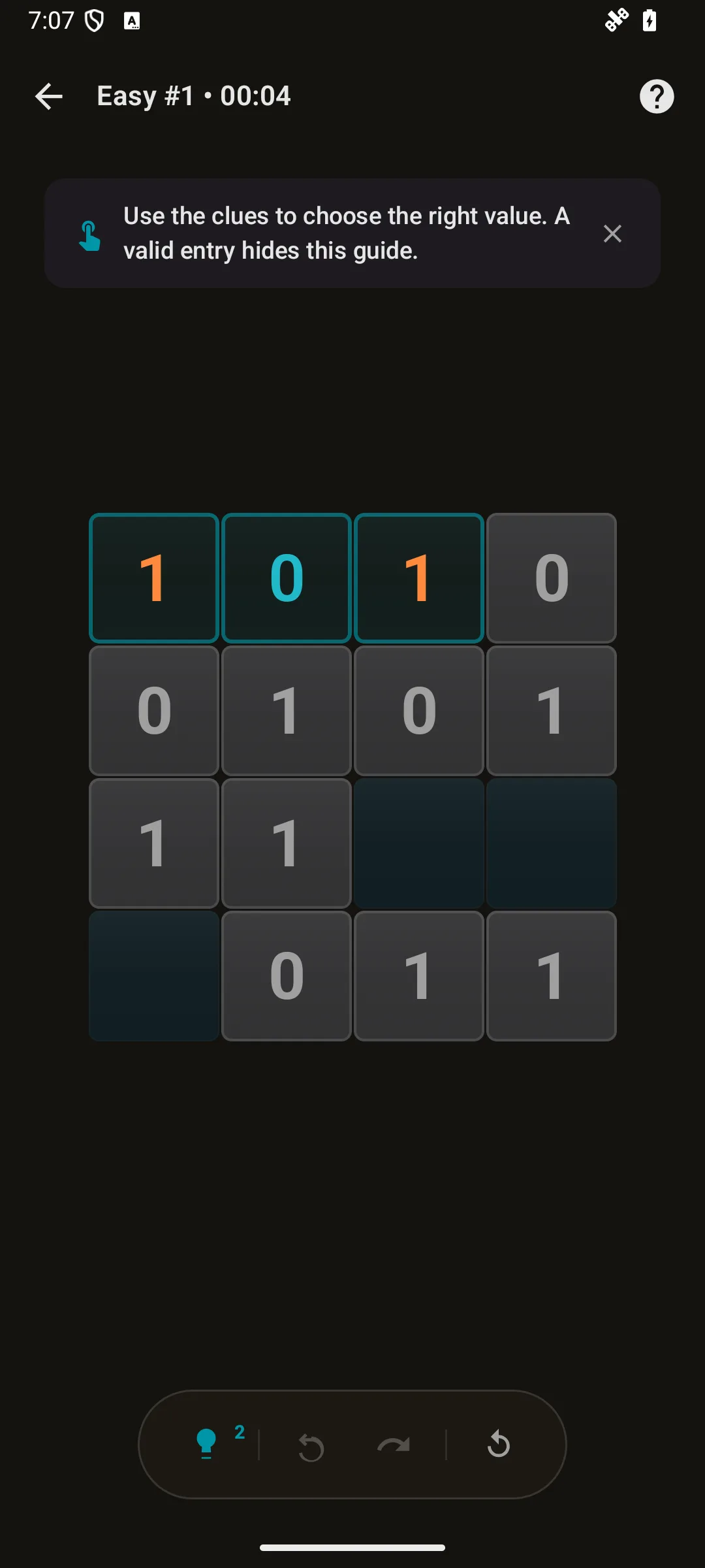 Binairo on Android in dark mode