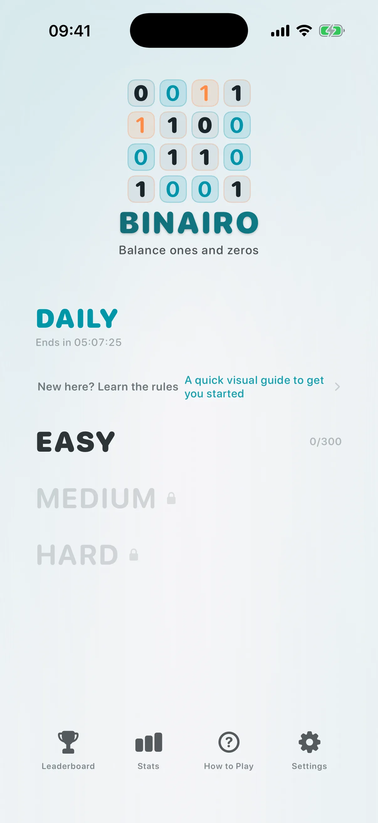 Binairo home screen on iPhone, showing the difficulty lanes and the daily challenge