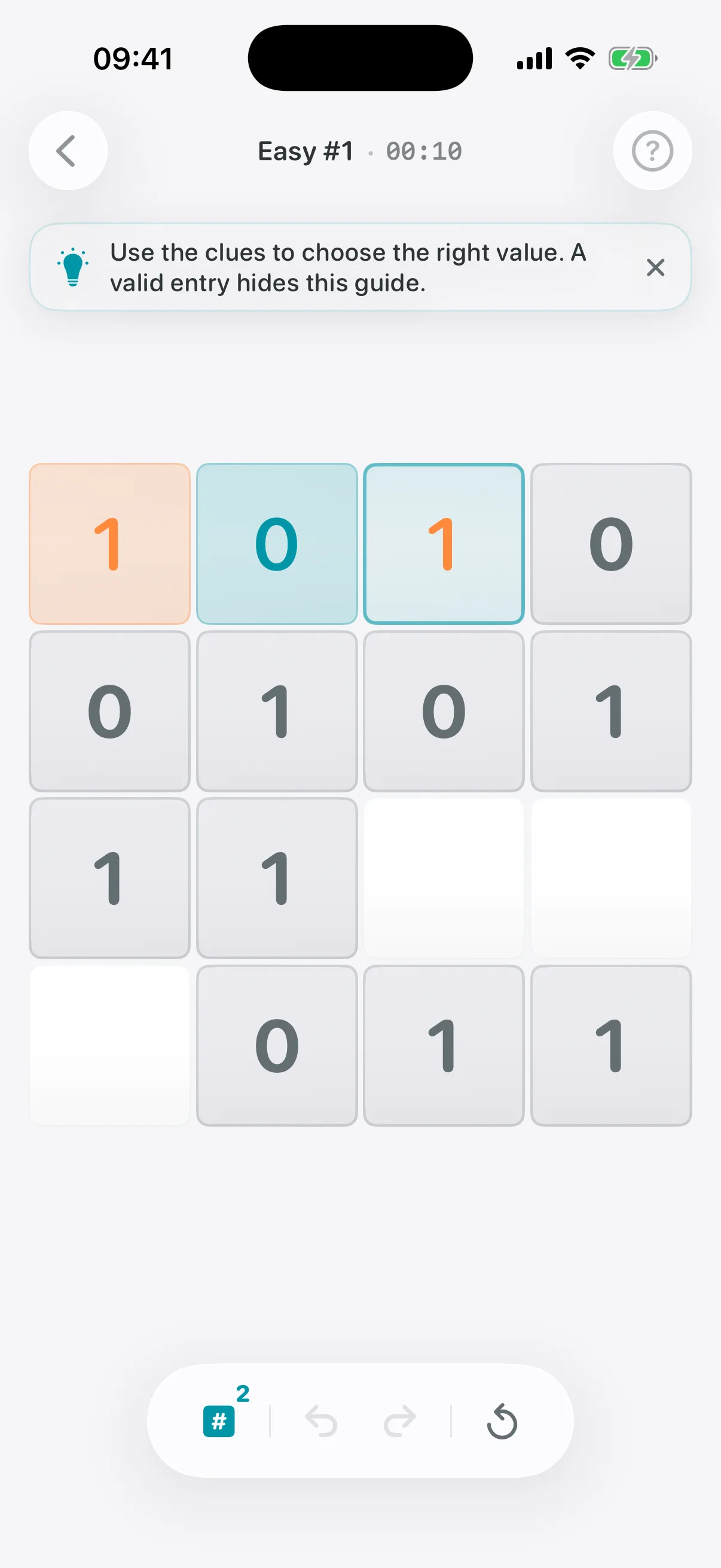 Binairo on iPhone with a partly solved board