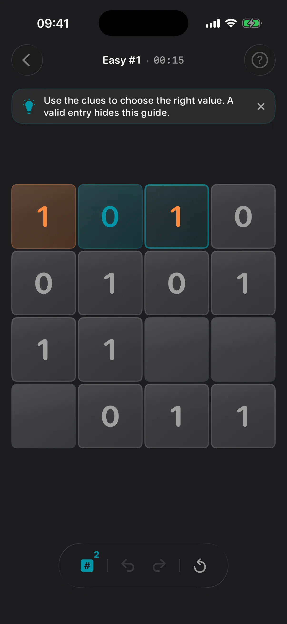 Binairo on iPhone in dark mode
