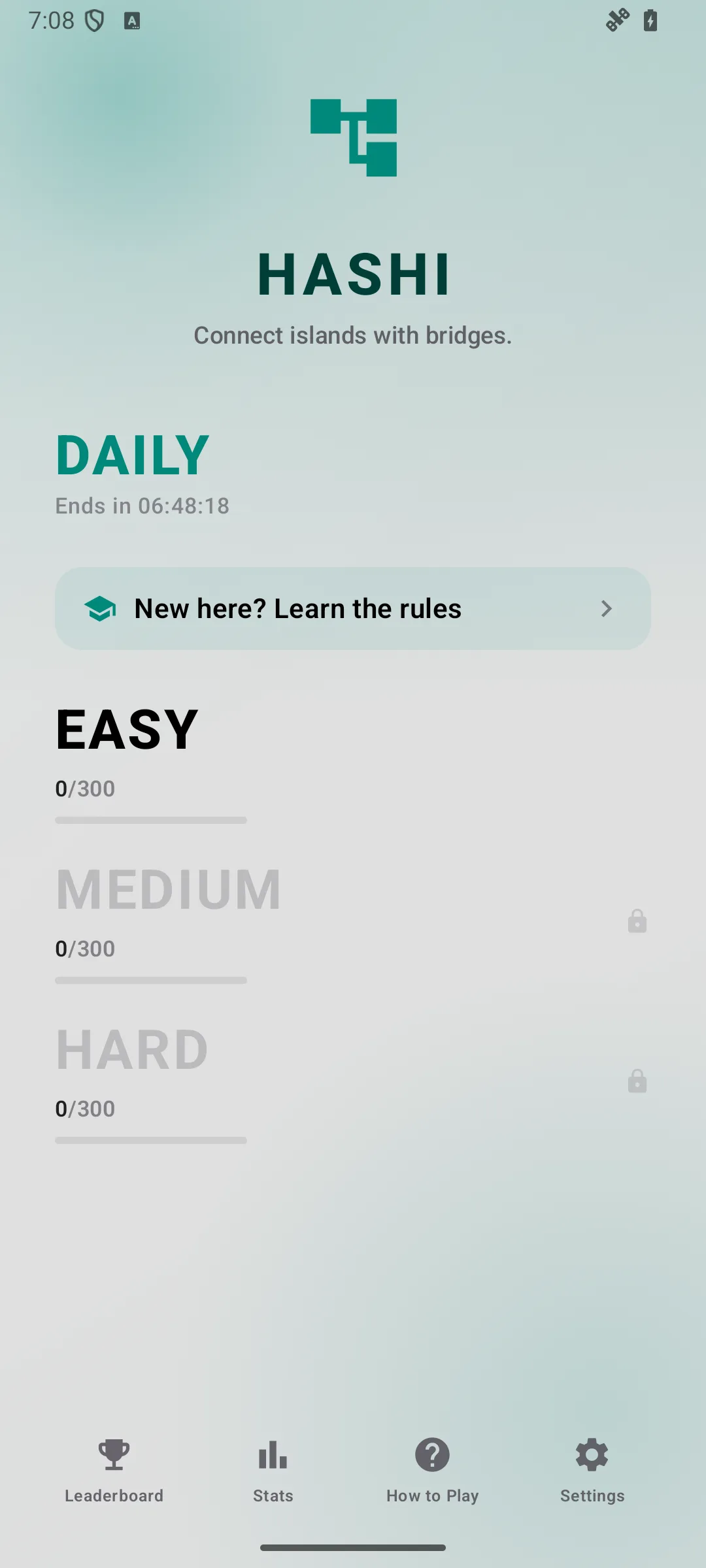 Hashi home screen on Android, showing the difficulty lanes and the daily challenge
