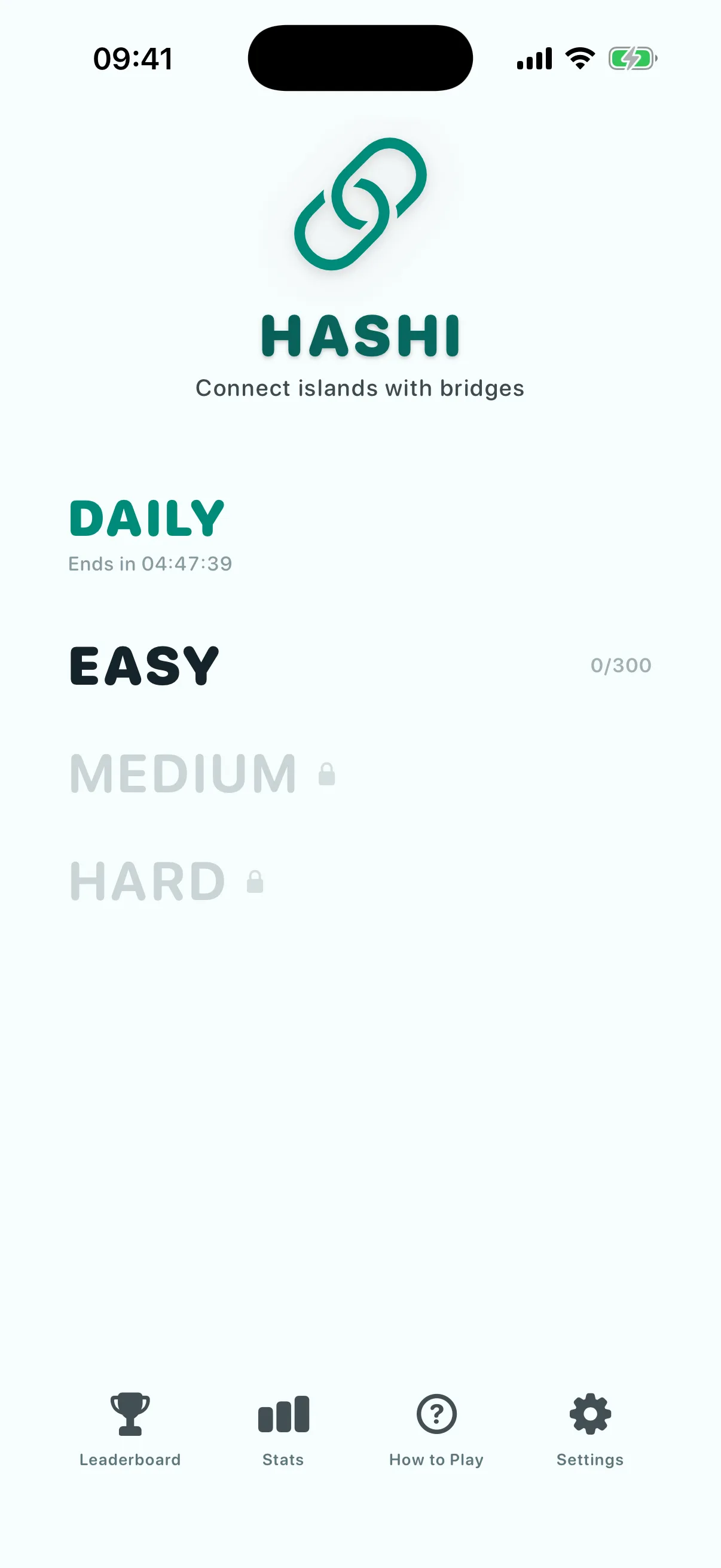 Hashi home screen on iPhone, showing the difficulty lanes and the daily challenge