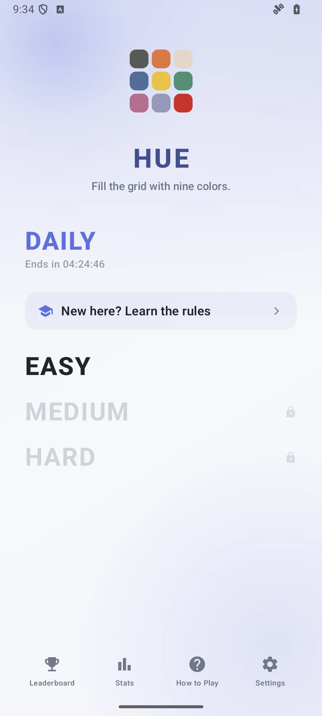 Hue home screen on Android, showing the difficulty lanes and the daily challenge