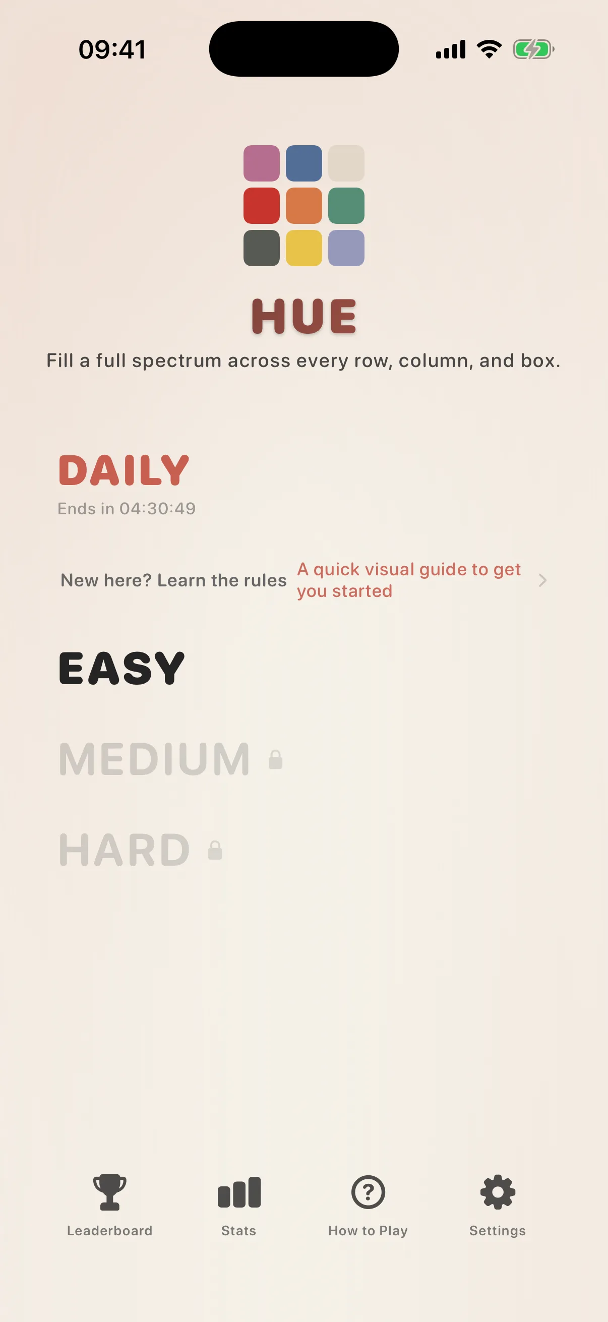 Hue home screen on iPhone, showing the difficulty lanes and the daily challenge