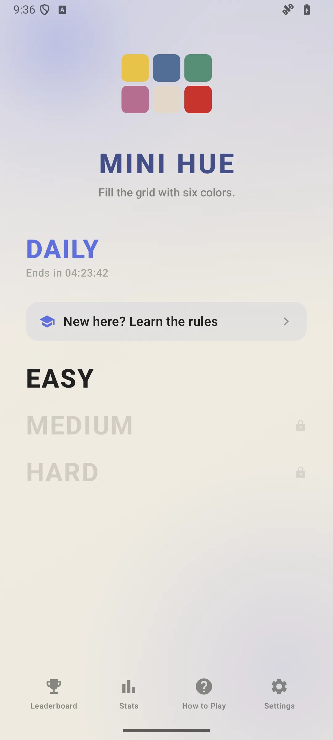 MiniHue home screen on Android, showing the difficulty lanes and the daily challenge