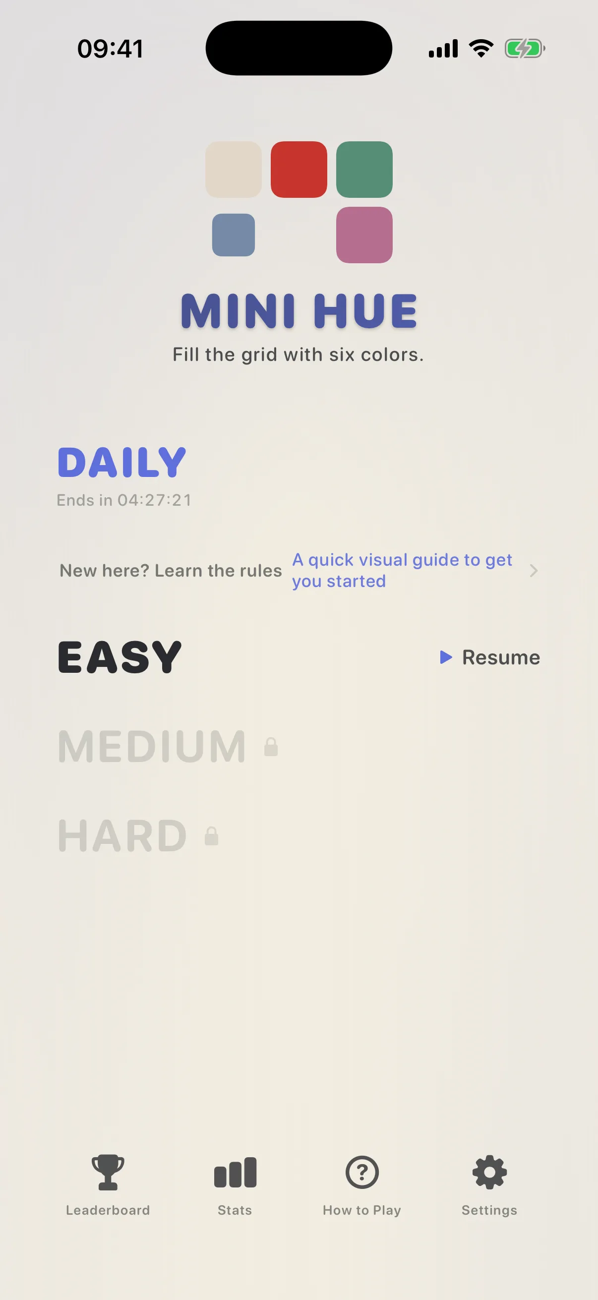 MiniHue home screen on iPhone, showing the difficulty lanes and the daily challenge