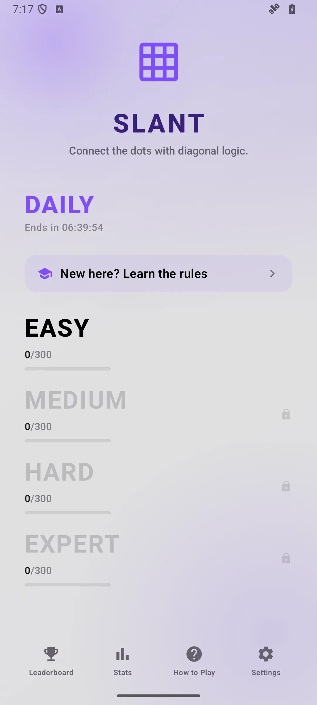 Aurora Slant home screen on Android, showing the difficulty lanes and the daily challenge