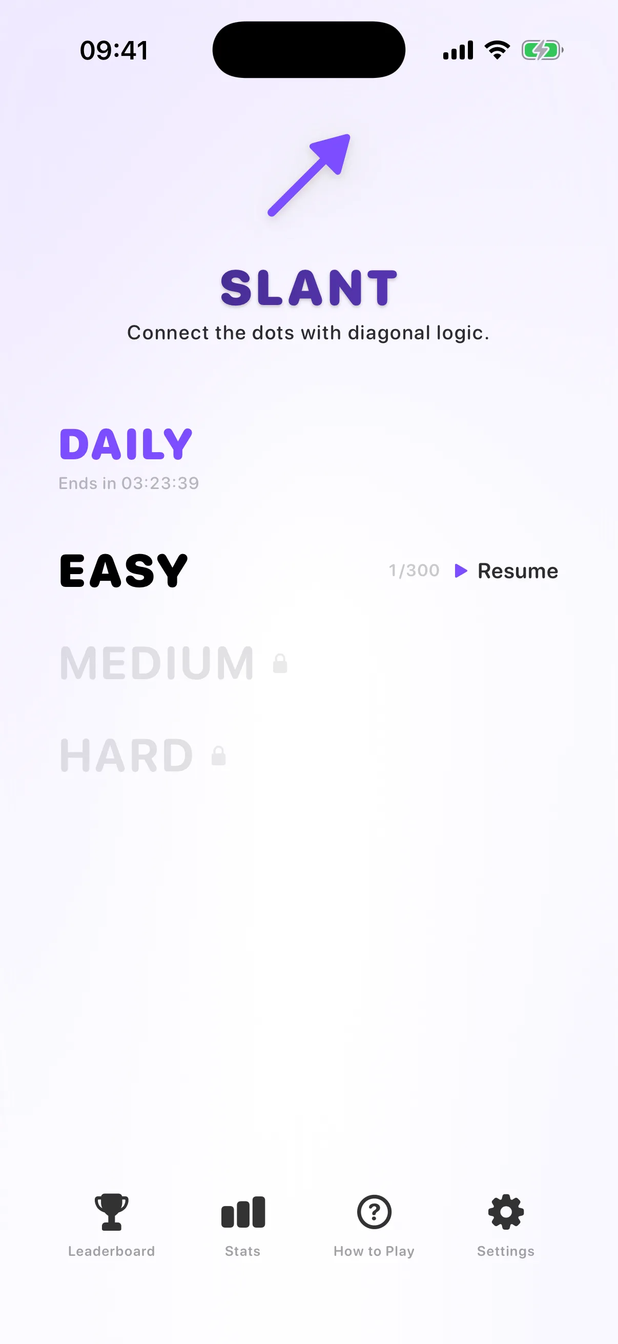 Aurora Slant home screen on iPhone, showing the difficulty lanes and the daily challenge