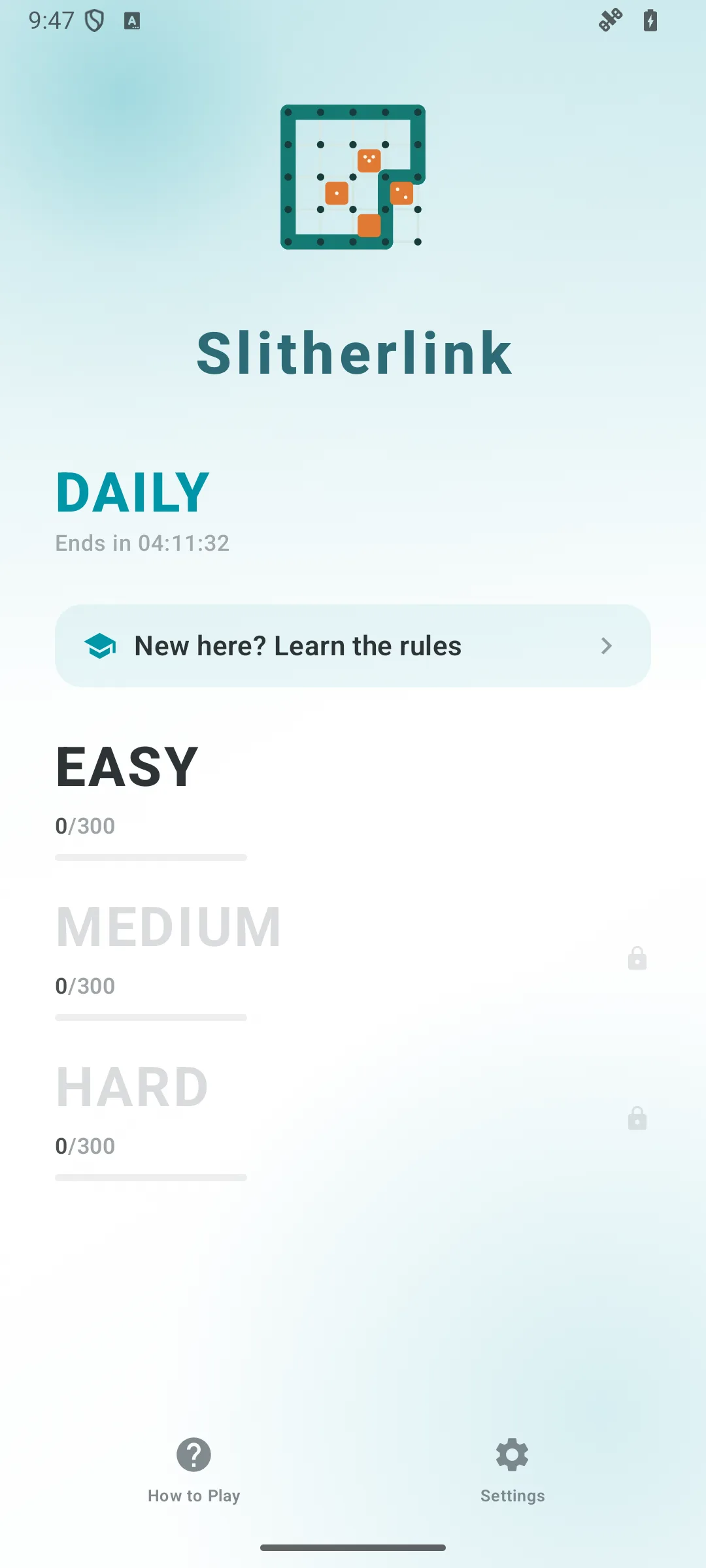 Slitherlink home screen on Android, showing the difficulty lanes and the daily challenge
