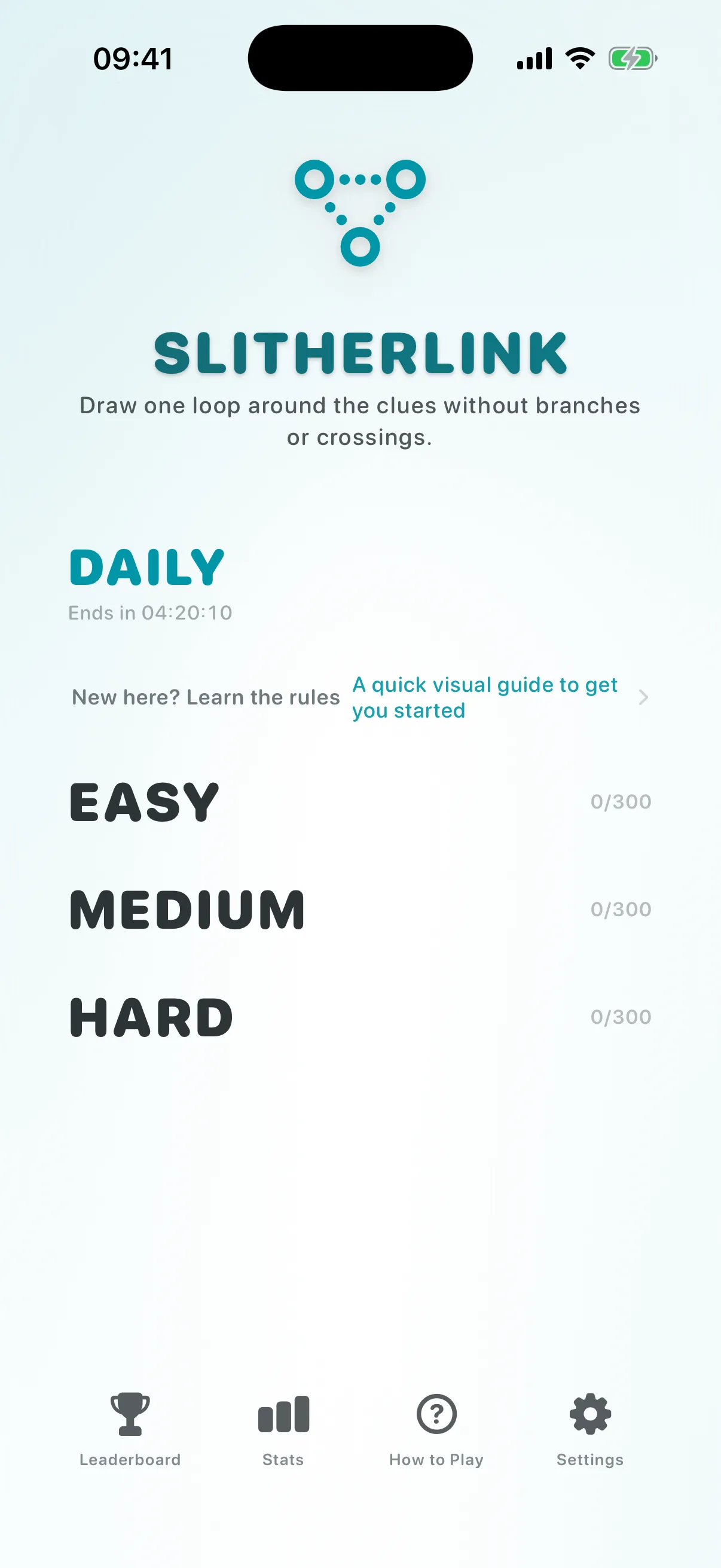 Slitherlink home screen on iPhone, showing the difficulty lanes and the daily challenge