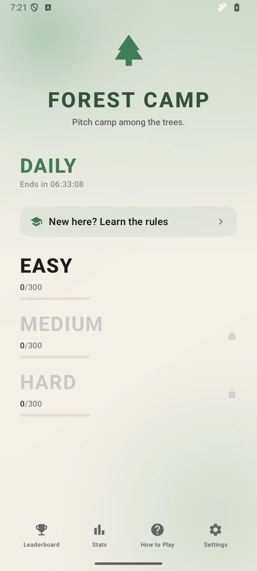 Forest Camp home screen on Android, showing the difficulty lanes and the daily challenge