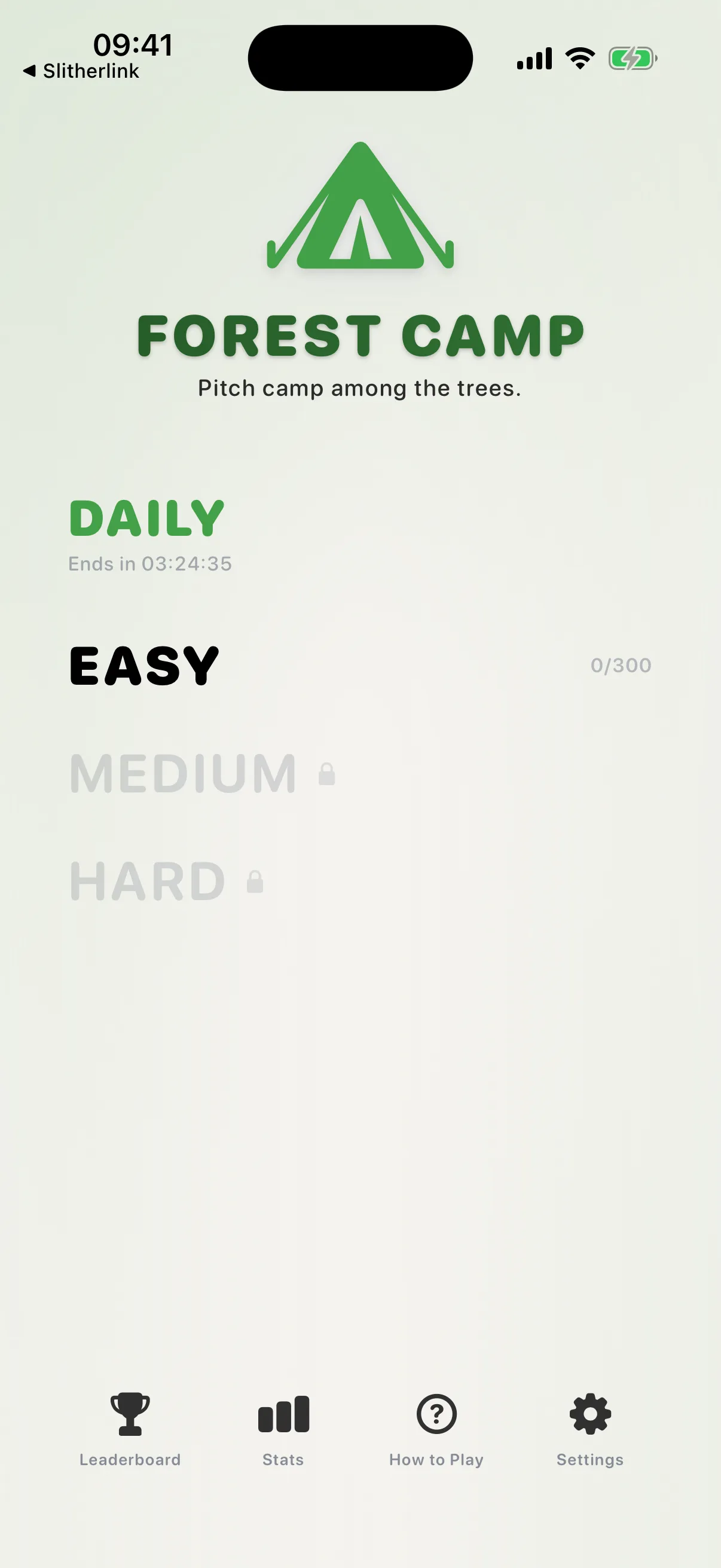 Forest Camp home screen on iPhone, showing the difficulty lanes and the daily challenge