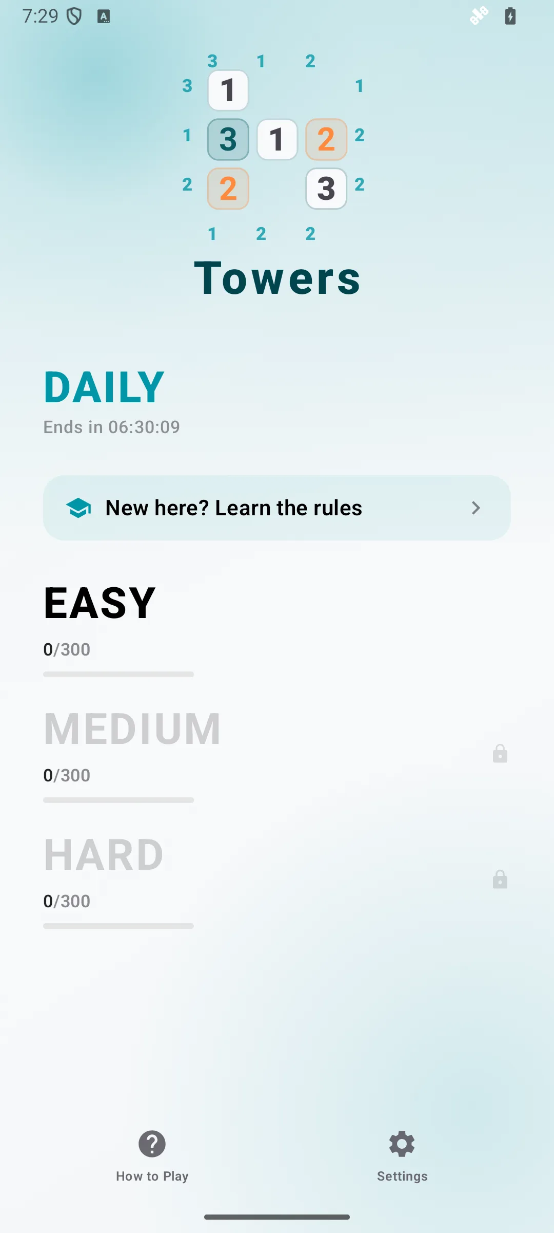 Towers home screen on Android, showing the difficulty lanes and the daily challenge