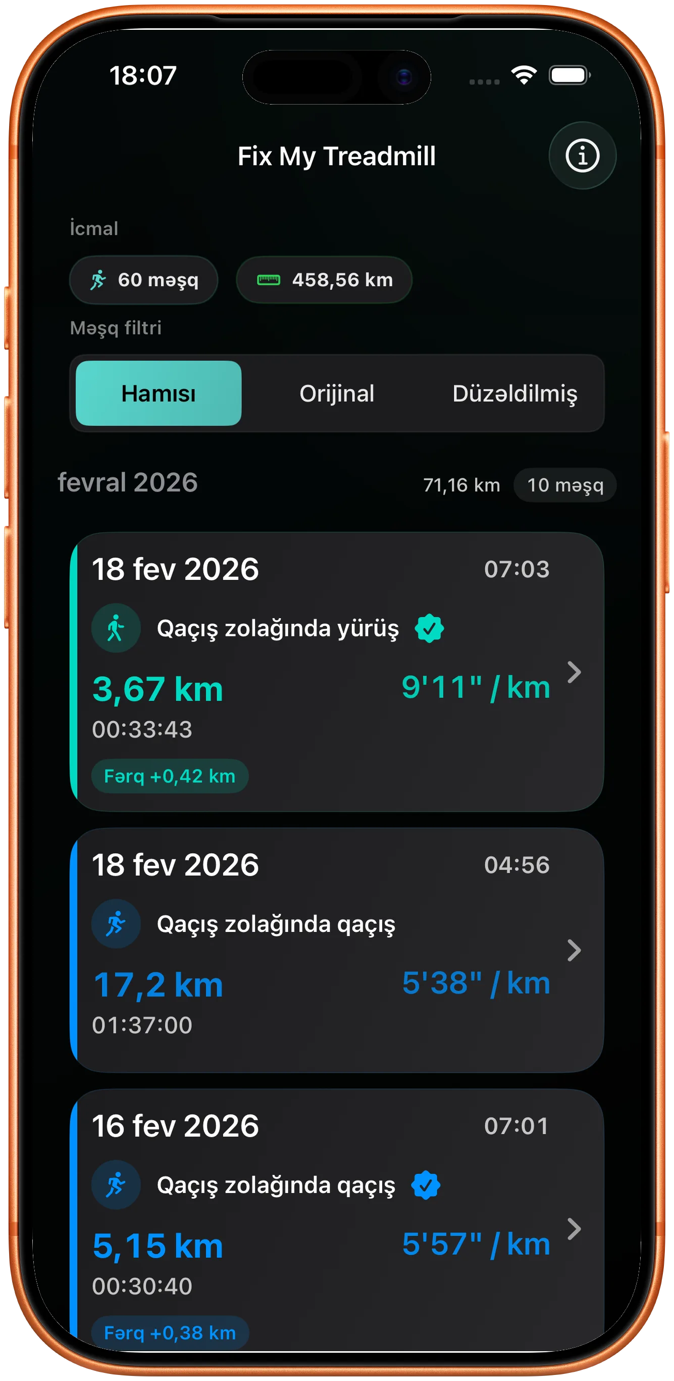 Düzəldilmiş qaçışın dəyişmiş kimi işarələndiyi məşq siyahısı