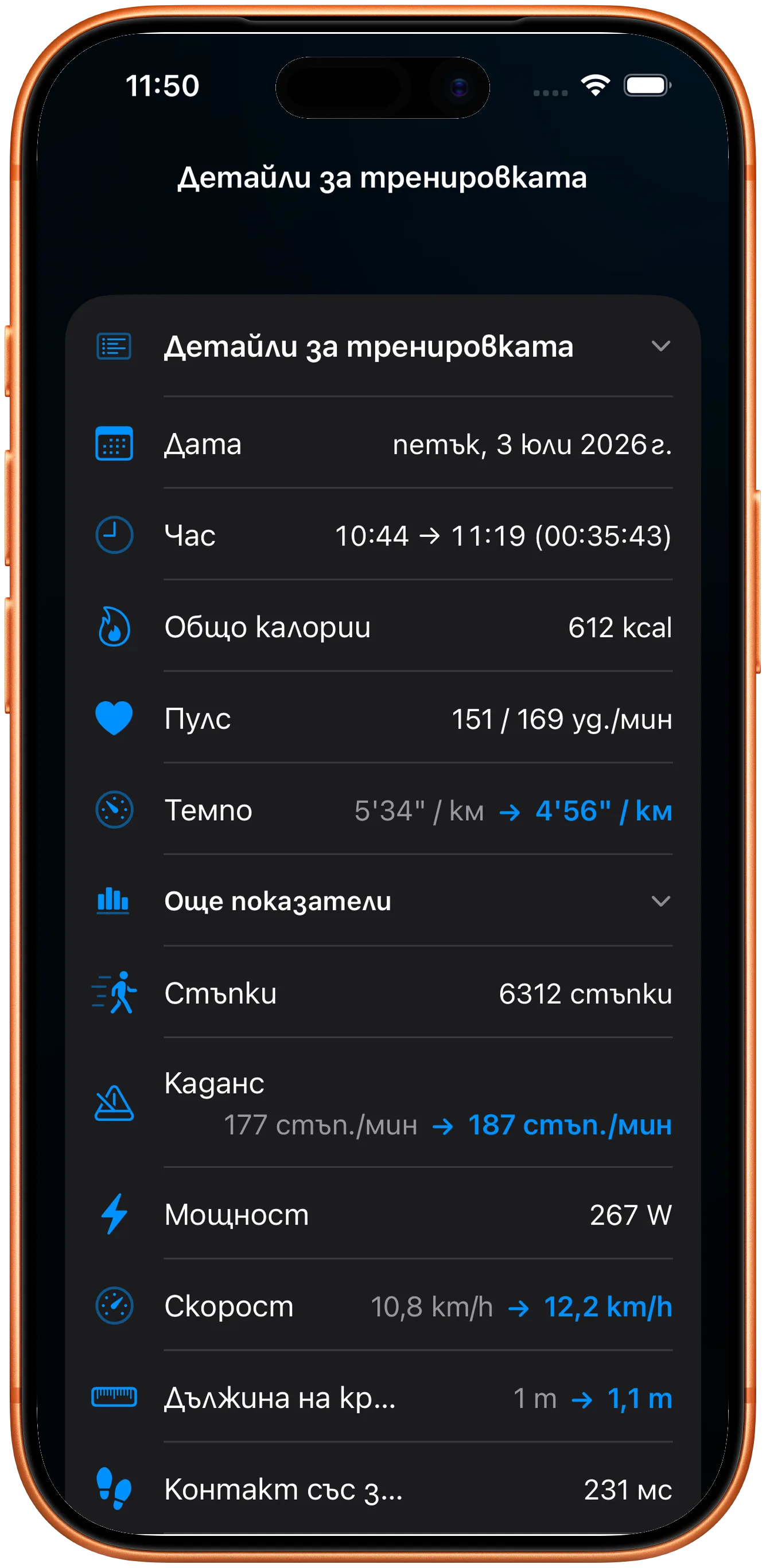 Подробности за тренировката със запазени пулс, каденс и мощност