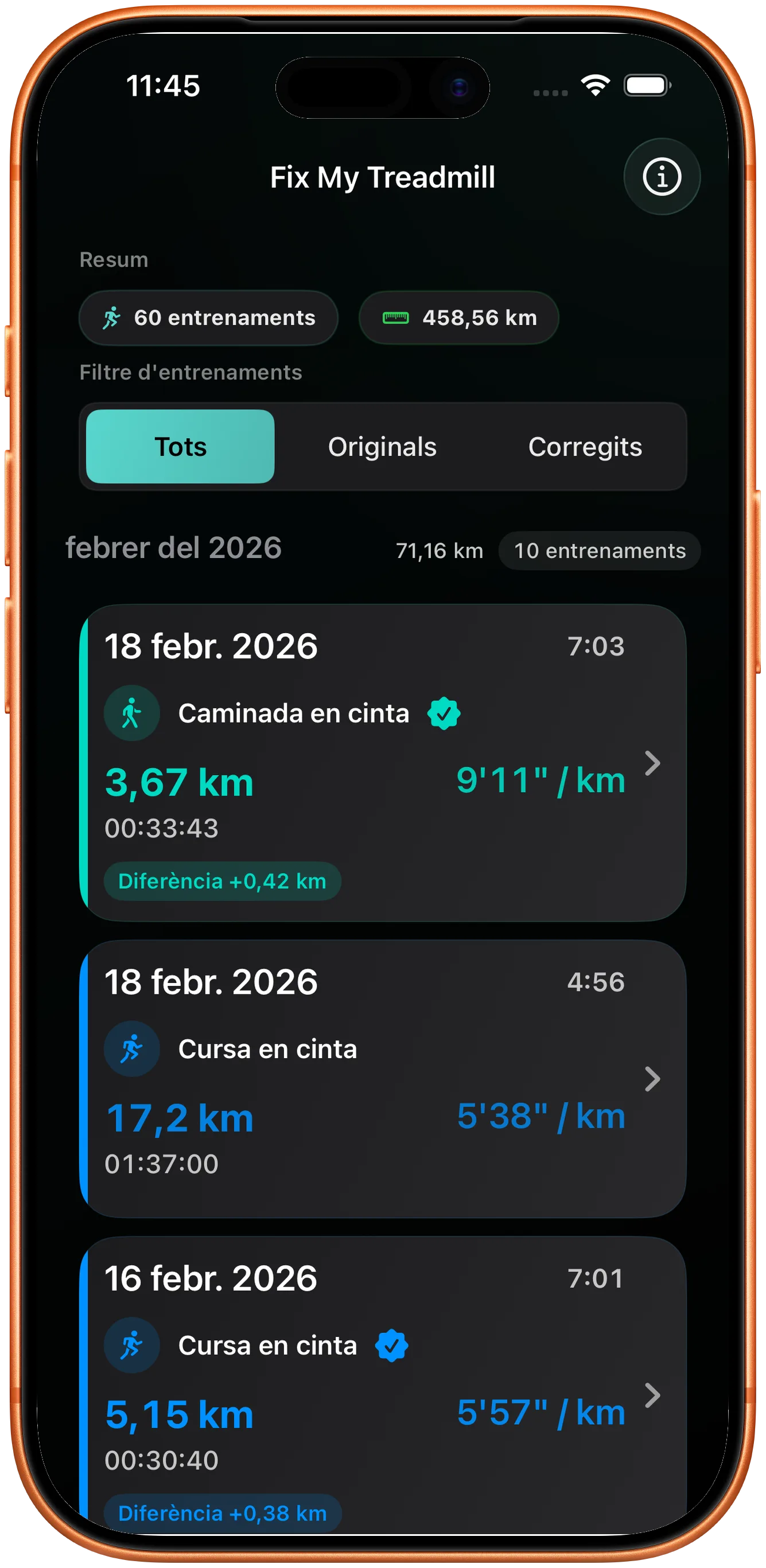 Llista d'entrenaments amb la cursa corregida marcada com a canviada