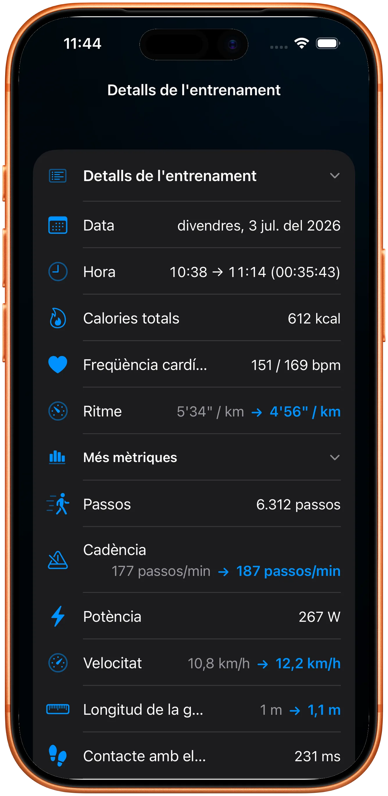 Detall de l'entrenament amb freqüència cardíaca, cadència i potència conservades