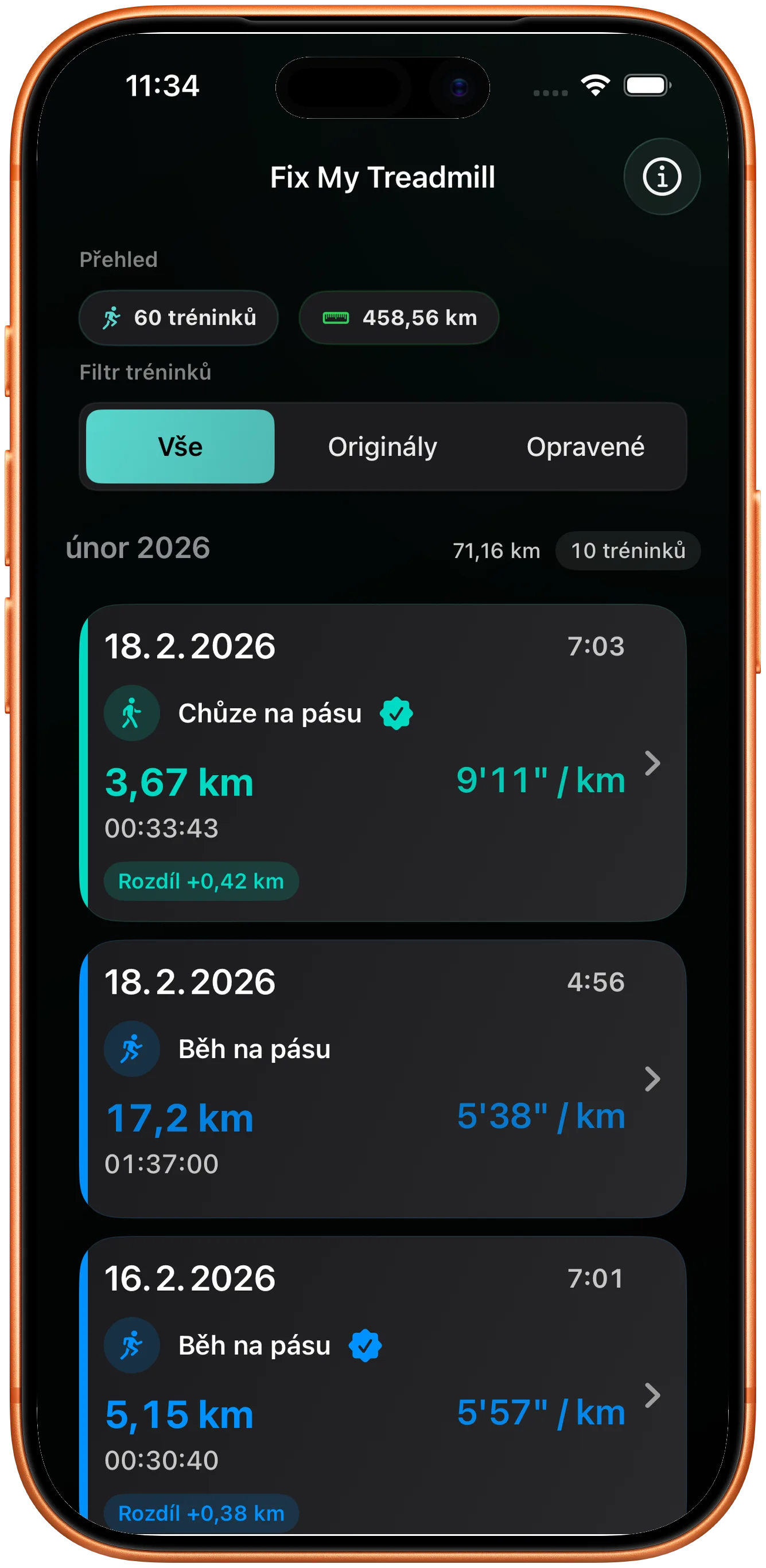 Seznam tréninků s opraveným během označeným jako změněný