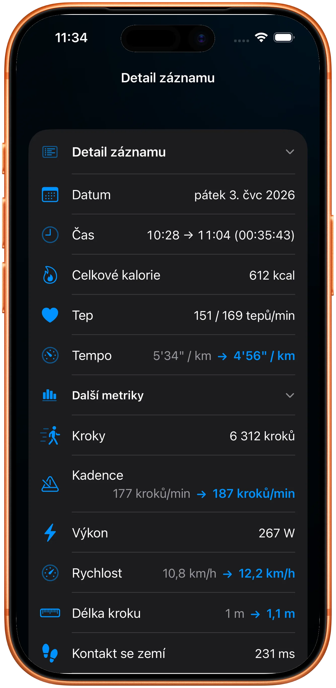 Detail tréninku se zachovaným tepem, kadencí a výkonem