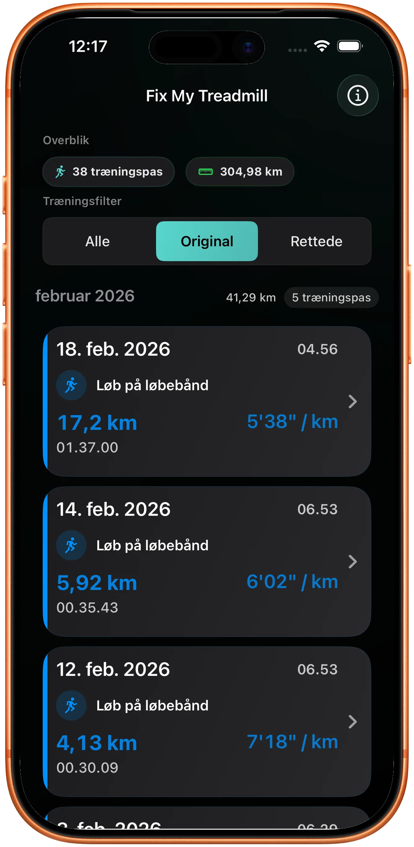 Træningsliste med en løbetur, hvis distance skal rettes