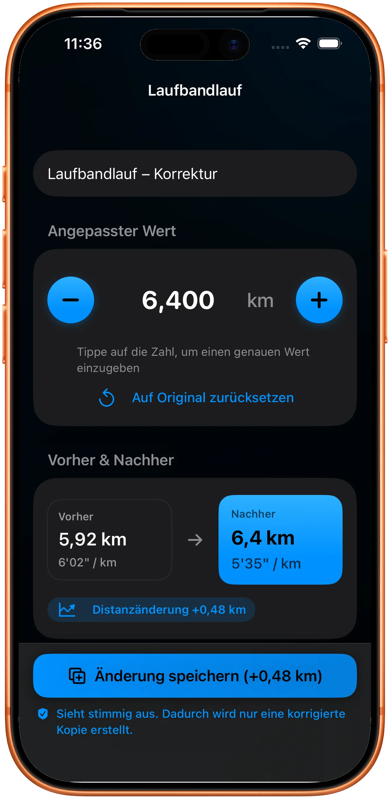 Editor zum Eingeben der korrigierten Distanz