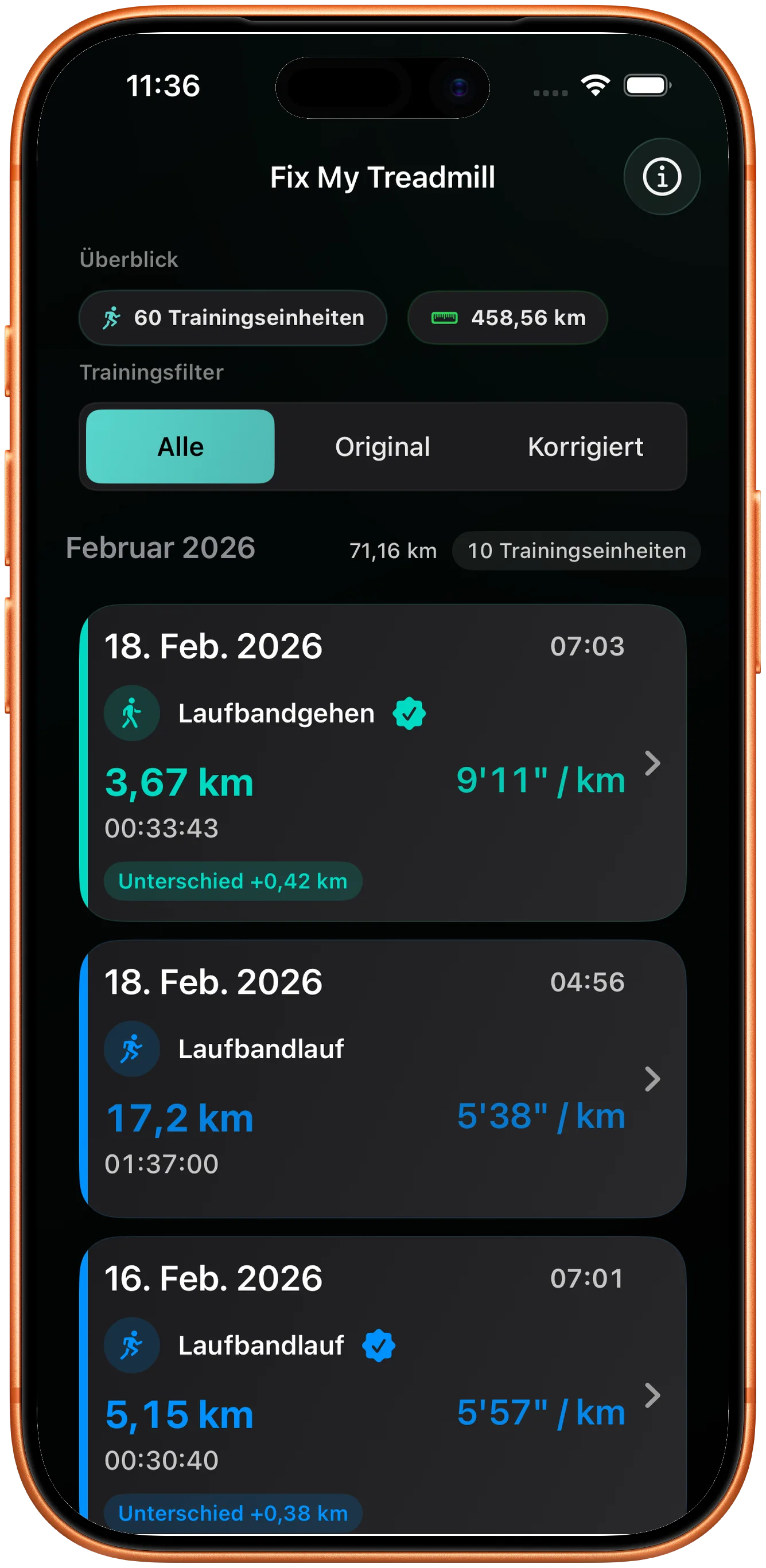 Workout-Liste mit dem korrigierten Lauf als geändert markiert