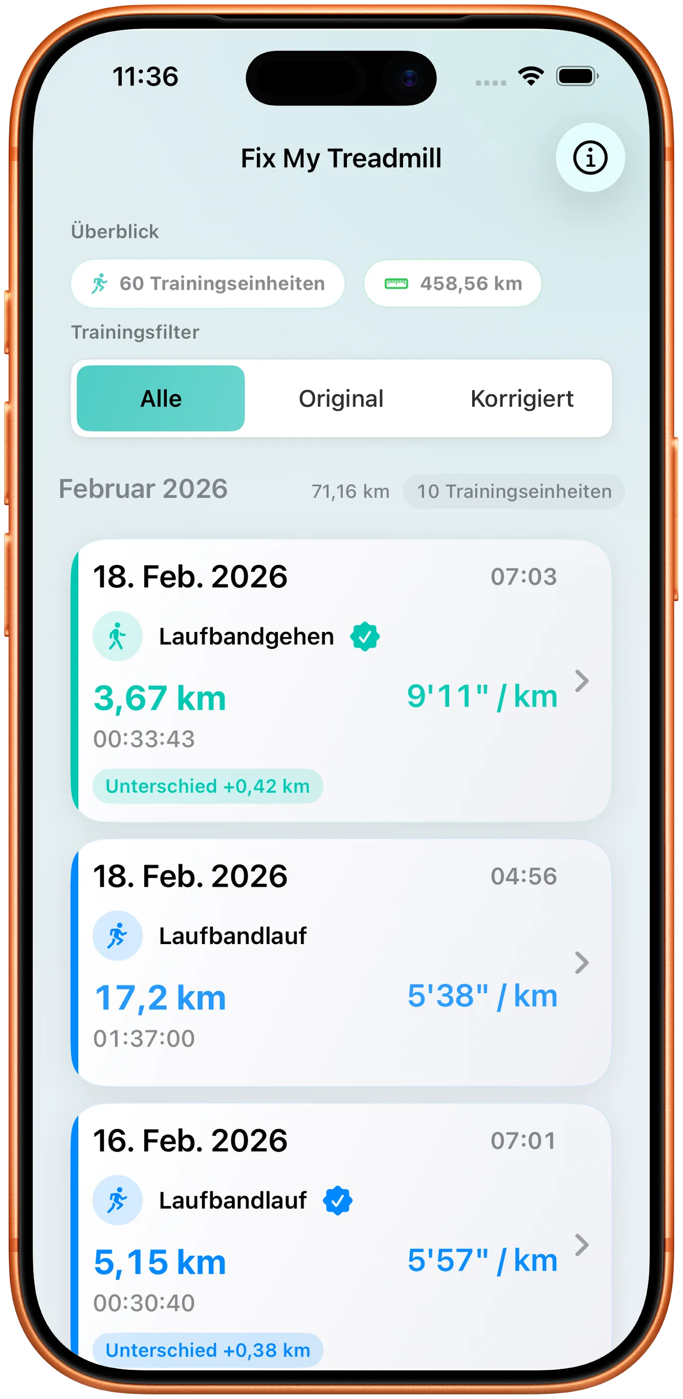 Workout-Liste im hellen Modus