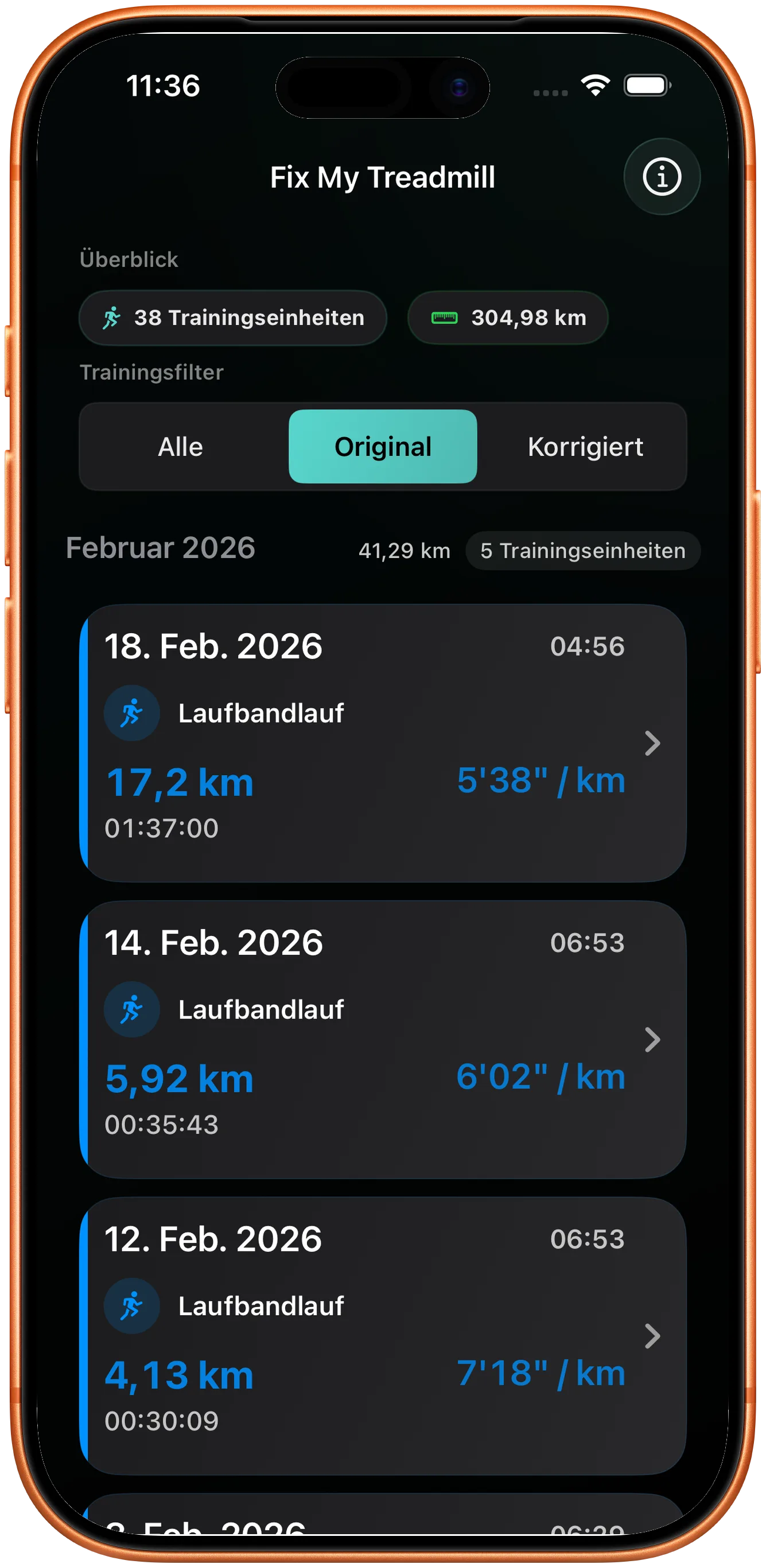 Workout-Liste mit einem Lauf, dessen Distanz korrigiert werden muss